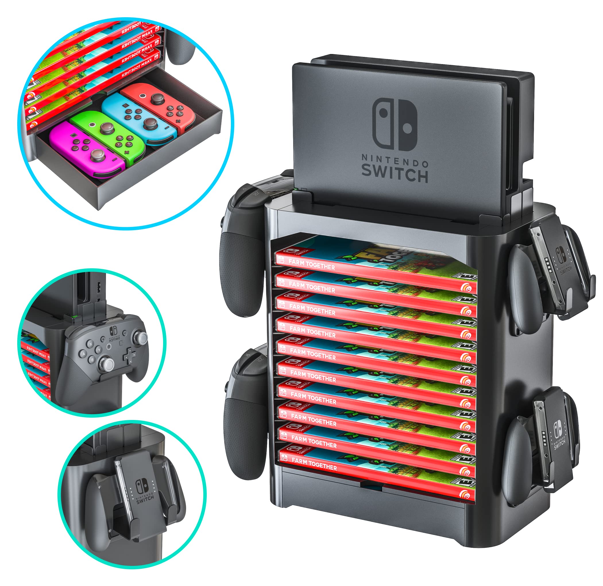 Skywin Nintendo Switch Game Storage Tower & Game Card Holder - Organizes 28 Games, Controllers & Accessories - Perfect for Gaming Setup & Travel