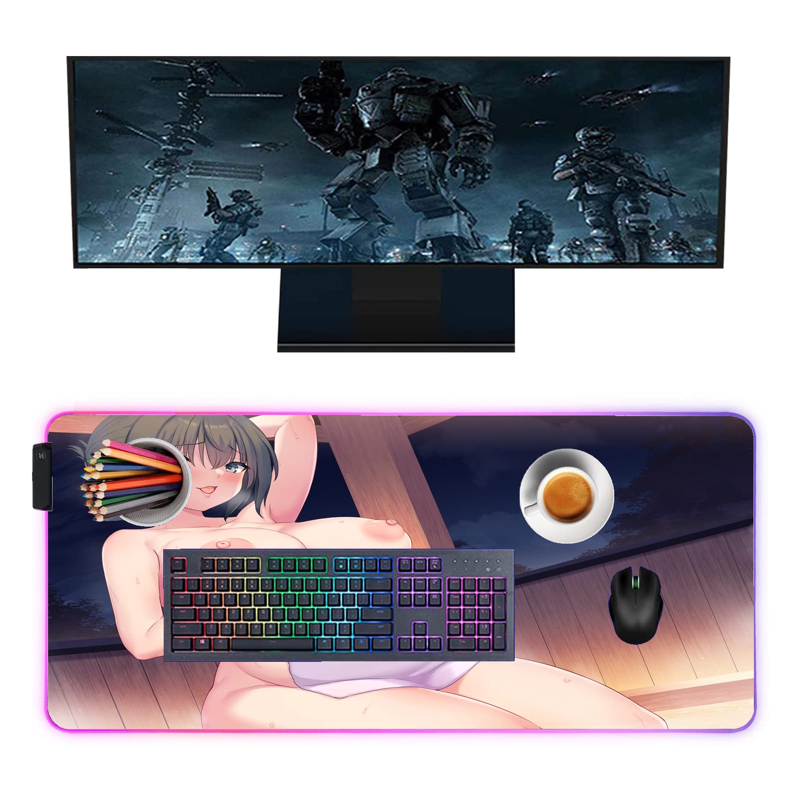 Large RGB LED Gaming Mouse Pad - 35.43 x 15.74 Inch Waterproof XXL Mouse Mat with Anime Design for PC Gamers | Perfect for Esports, Office & Home Computer Setup