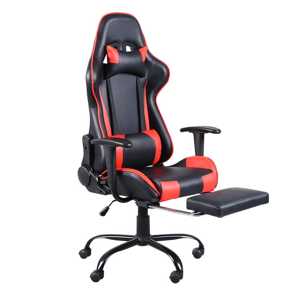 SUOTENG Ergonomic High Back Racing Gaming Chair - Swivel Office Chair with Adjustable Footrest, Lumbar Support & Headrest - Black & Red - Perfect for Gaming, Home Office & Workspace Comfort