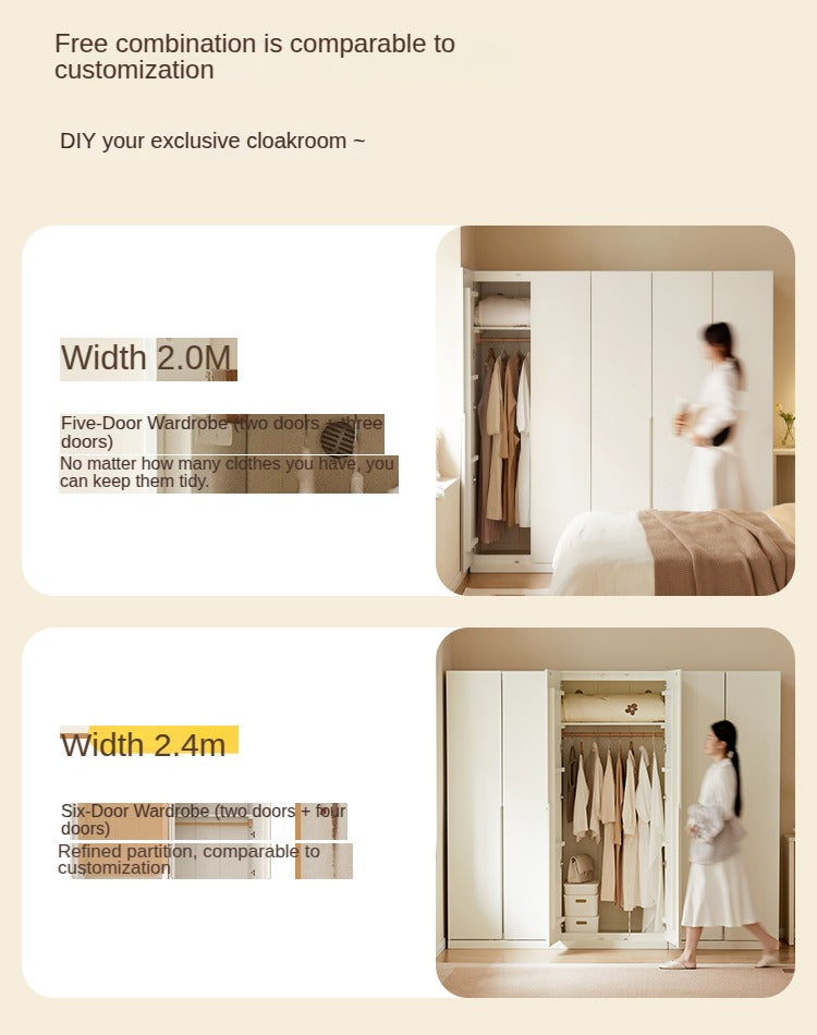 Modern Nordic Style Solid Wood Wardrobe - Beech & Rubber Wood, Cream Finish - Perfect for Bedroom, Living Room, and Office Storage