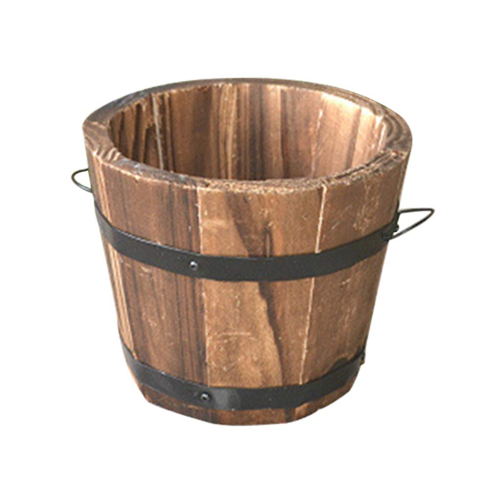 DOITOOL Rustic Round Wooden Planter with Drainage Holes - Whiskey Barrel Style Flower Pot for Home Decor, Indoor & Outdoor Garden Planting