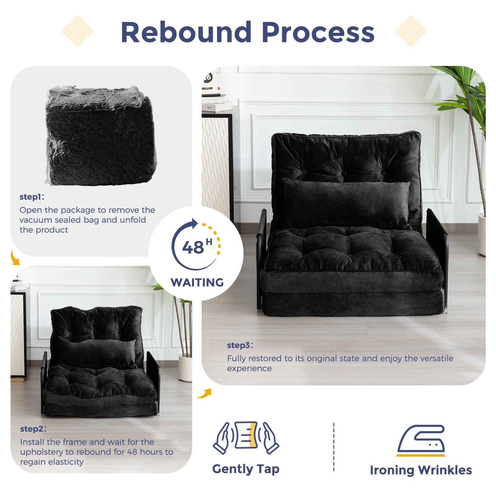 MAXYOYO Adjustable Floor Sofa Bed - Velvet Convertible Lazy Couch with Pillow & Armrests, Single Sleeper Sofa for Small Spaces (Black) | Perfect for Living Rooms, Dorms, Apartments & Guest Beds