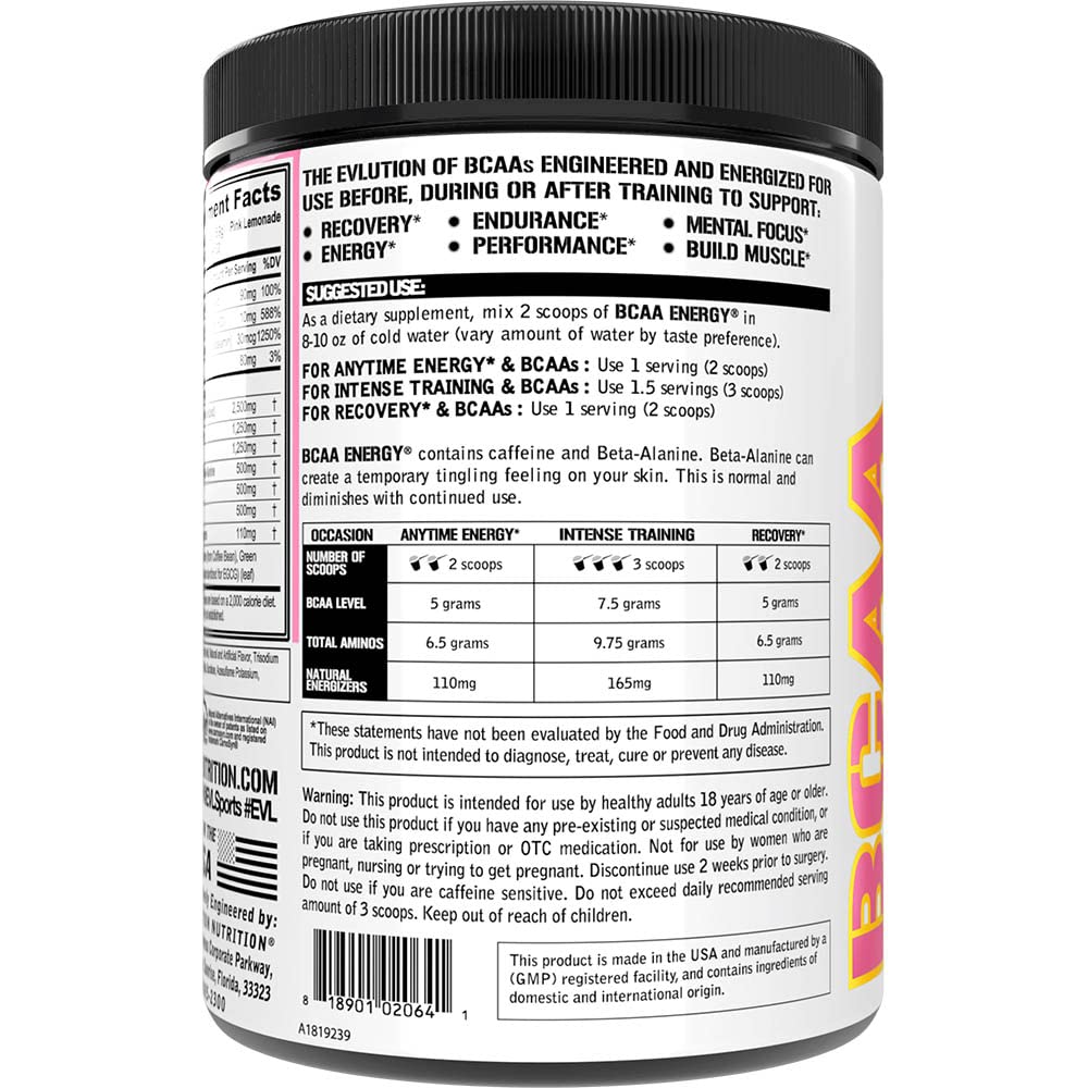EVLution Nutrition BCAA Energy Powder - Pink Lemonade Flavor, 267g for Muscle Recovery & Workout Performance | Pre & Post Workout Supplement for Athletes & Fitness Enthusiasts