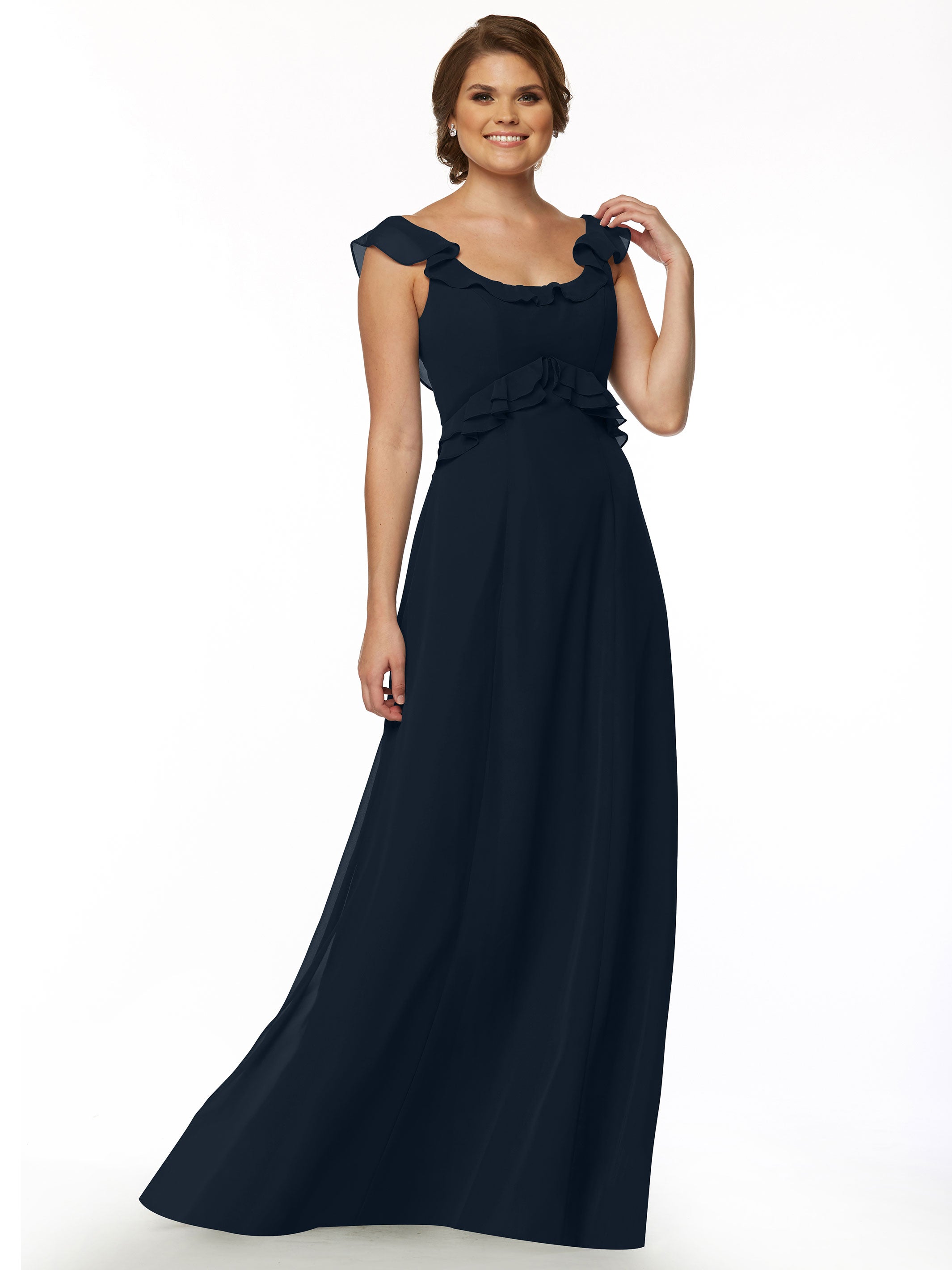 Elegant Off-the-Shoulder Chiffon Bridesmaid Dress with Ruffled Bodice - A-Line Silhouette for Weddings, Parties & Formal Events (Style 80173)