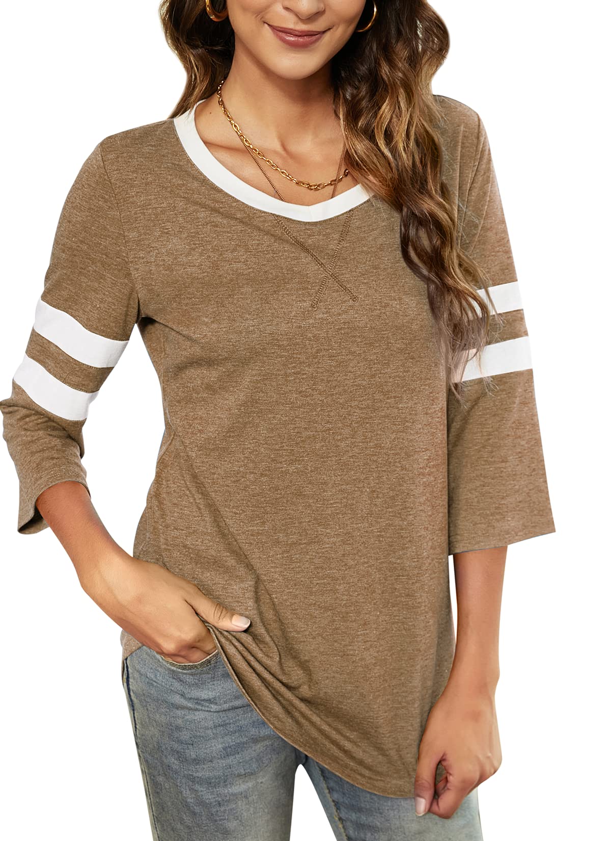 HOCOSIT Women's 3/4 Sleeve V-Neck Henley Color Block T-Shirt | Baseball Tunic Top | Boyfriend Style Blouse for Summer | Casual Wear, Outfits & Daily Fashion