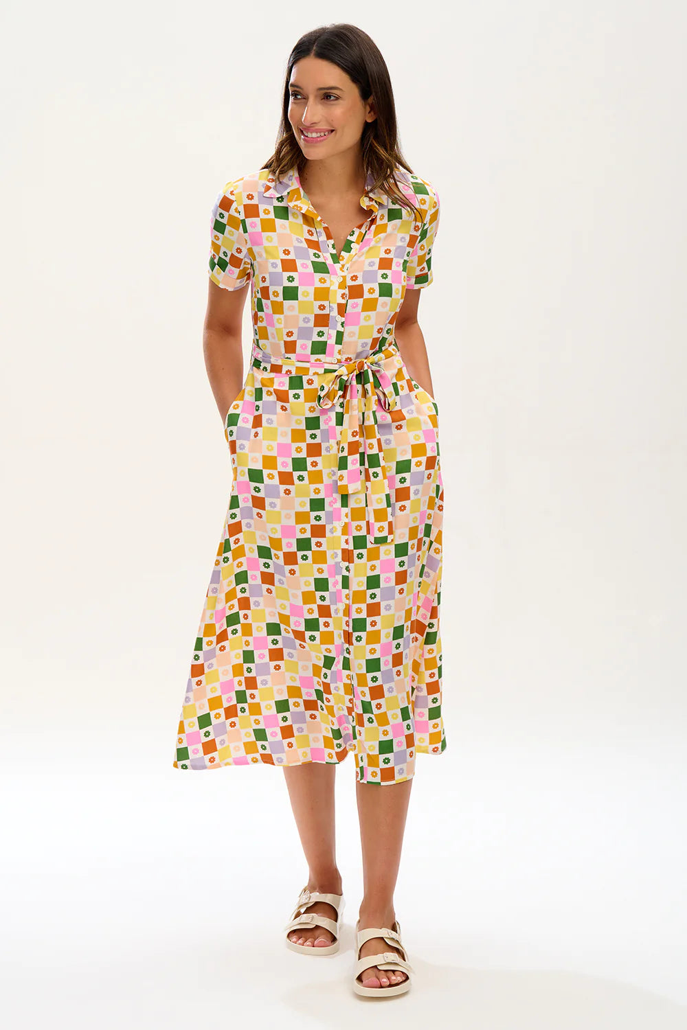 Lauretta Midi Shirt Dress for Women - Floral Checkerboard Print Casual Summer Dress - Perfect for Office, Date Night & Outdoor Events