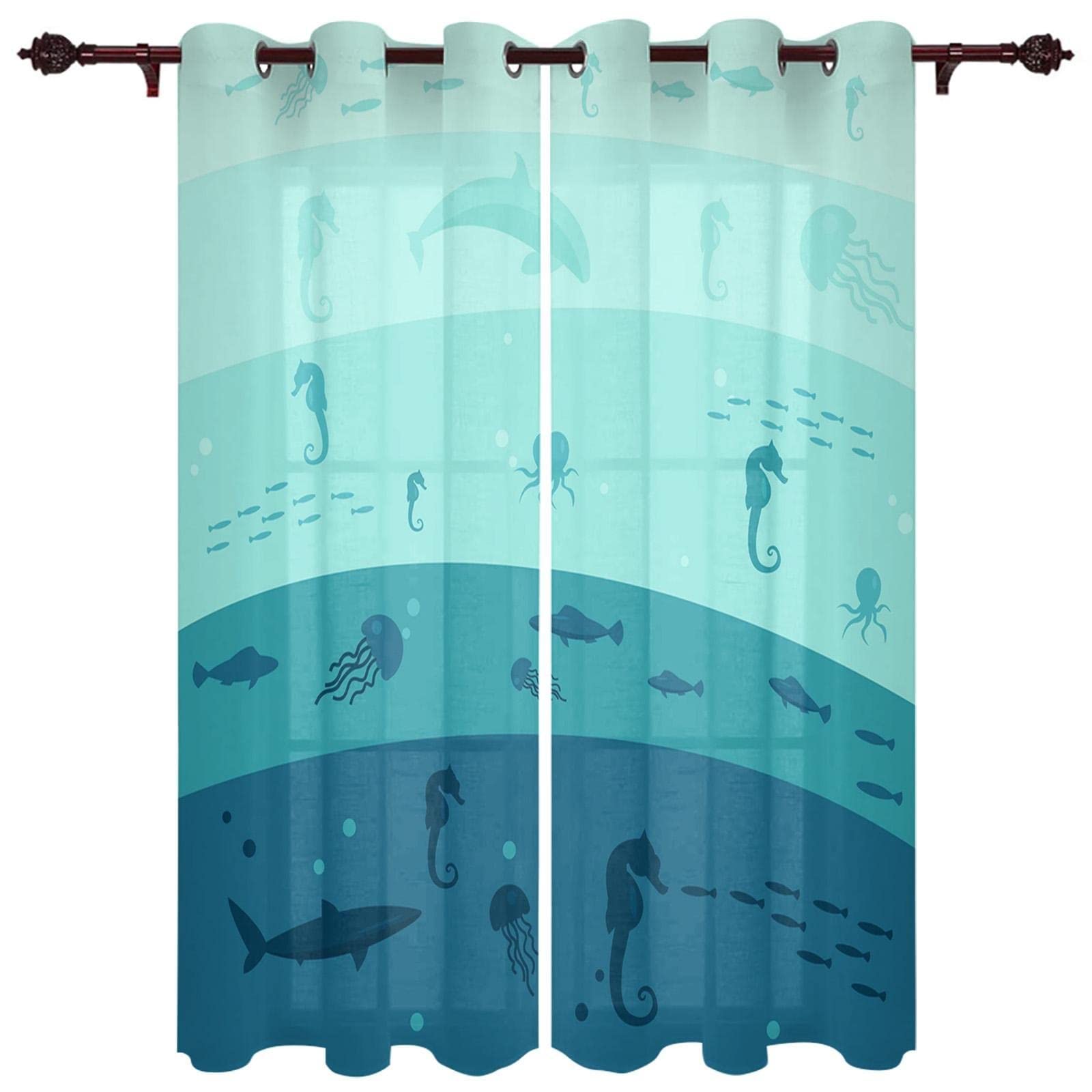 Ocean Shark Blackout Window Curtains - Blue Animal Silhouette Blackout Drapes with Grommets, Thermal Insulated Room Darkening Curtains for Kids Bedroom, Nursery, Living Room - 52