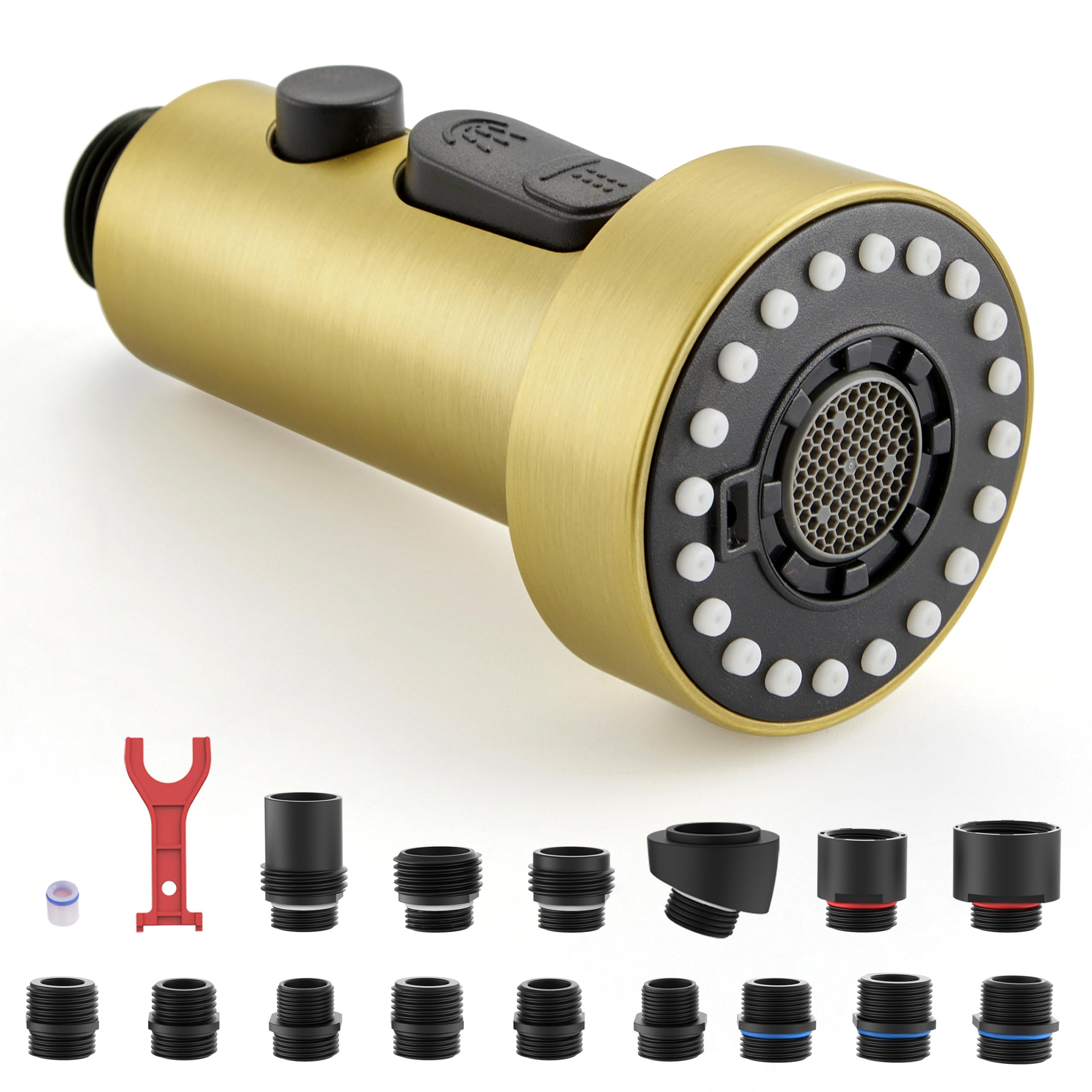 3-Function Pull Down Kitchen Faucet Sprayer Head Replacement with 15 Adapters - Brushed Gold Nozzle for Sink Sprayer, Hose & Tap Spout | Perfect for Kitchen Renovation, Dishwashing & Food Prep