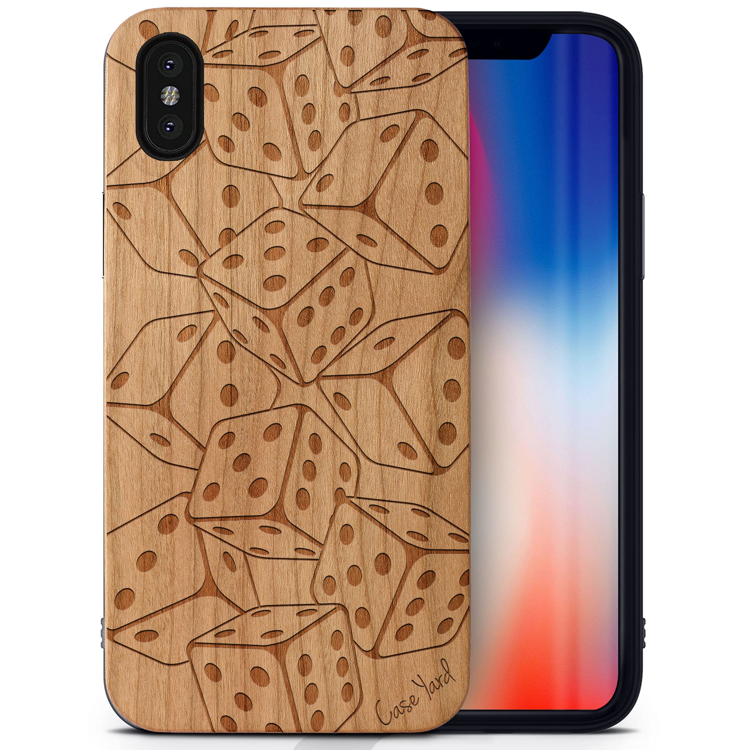 CaseYard Wood Phone Case for iPhone X - Laser Engraved Falling Dice Design in Cherry Wood | Shockproof Slim Fit Protective Cover for Men & Women | Perfect for Travel, Office & Everyday Use
