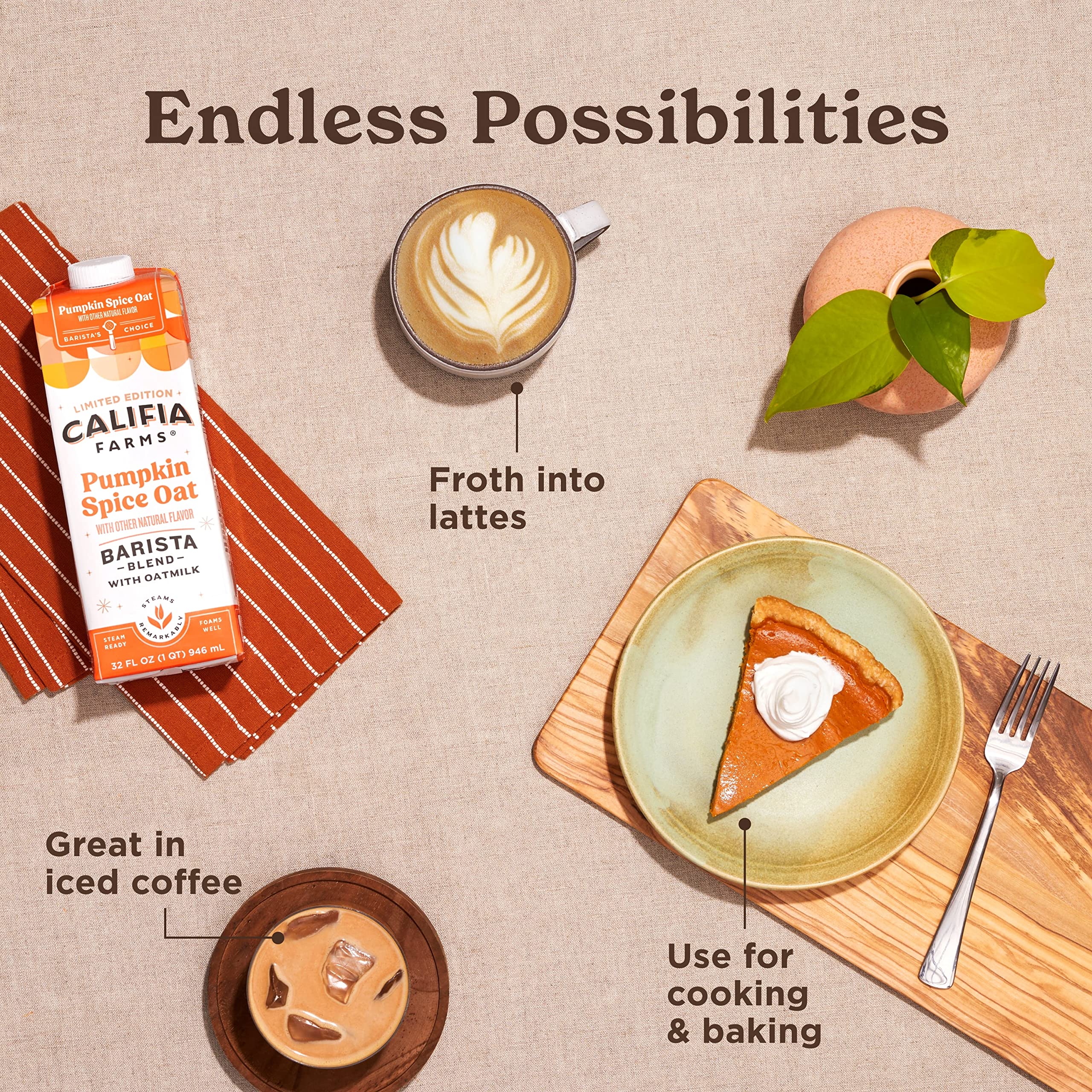 Califia Farms Pumpkin Spice Oat Barista Blend Oat Milk - 32 Oz (Pack of 6) | Shelf Stable, Dairy-Free, Vegan, Gluten-Free, Non-GMO Plant Based Milk | High Calcium Oatmilk for Coffee, Lattes & Baking | Perfect Milk Frother & Creamer Alternative