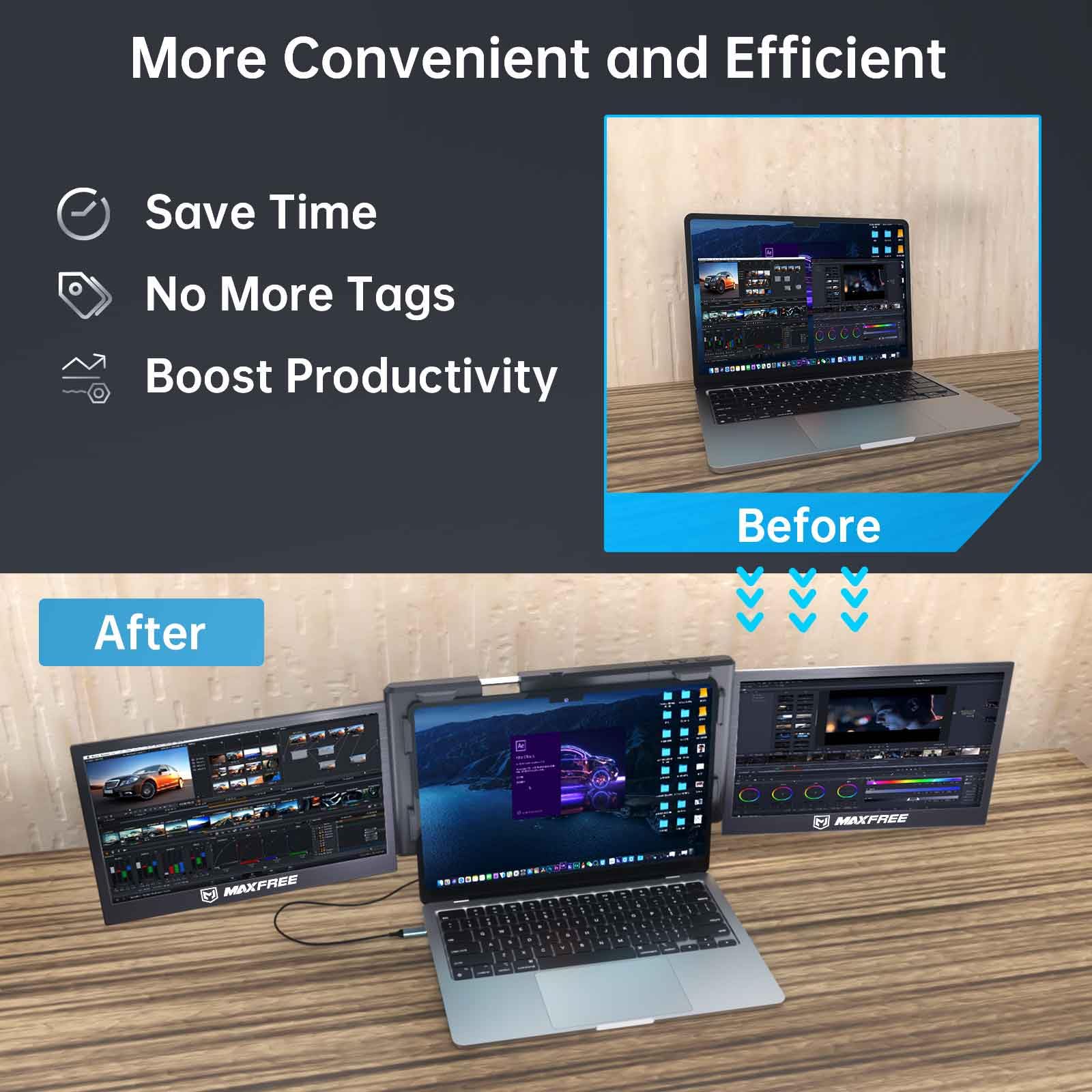 13.3 Inch Portable Laptop Monitor - Full HD 1920x1080 IPS Screen Extender with USB-C Plug & Play, 1000:1 Contrast Ratio - Ideal for Work, Gaming & Travel | T2