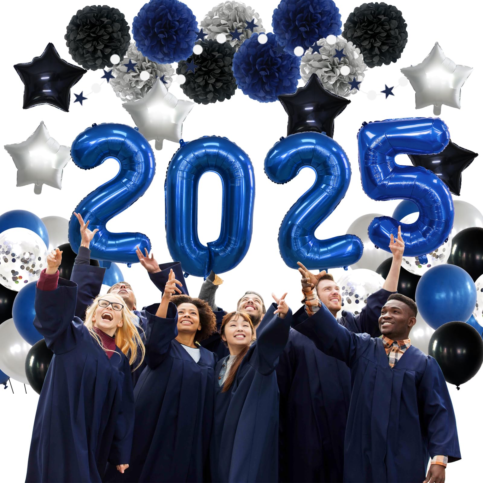 2025 Graduation Party Decorations - Blue & Black Class of 2025 Balloons, Banner, Garland & Pom Poms for New Year's Eve & Graduation Celebrations - Perfect for School Events, Home Decor & Photo Backdrops