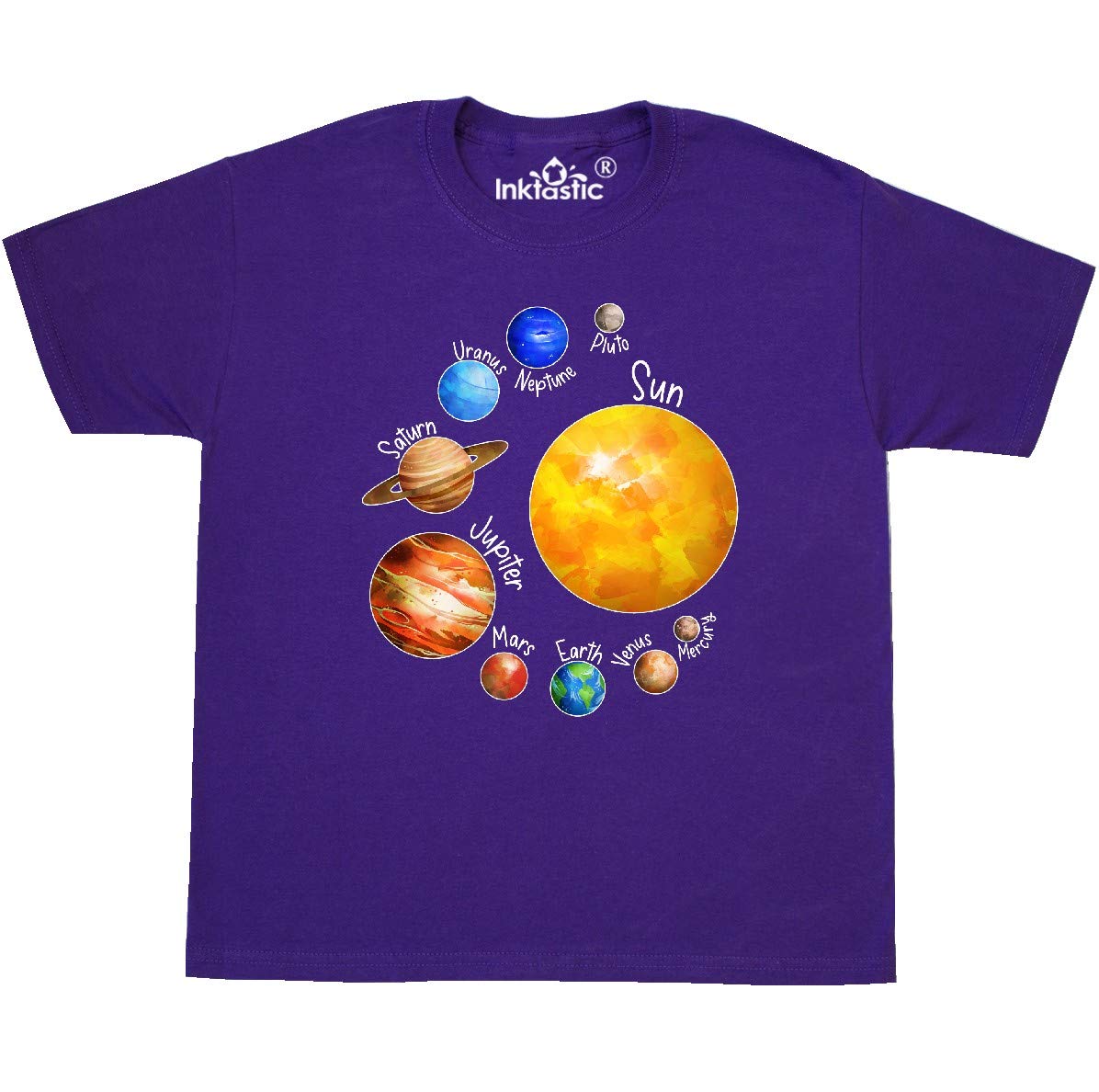 Inktastic Sun and Planets - Yes, and Pluto Youth T-Shirt | Space & Astronomy Themed Kids T-Shirt for School, Play & Outer Space Enthusiasts