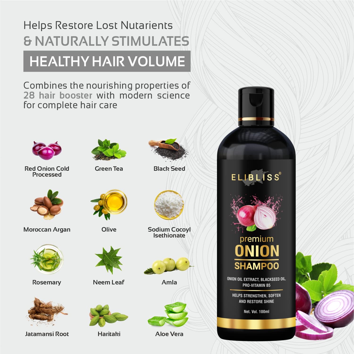 ELIBLISS Premium Onion Shampoo for Hair Growth & Hair Loss Prevention - Sulfate Free, Paraben Free, No Mineral Oil (2-Pack) - Stimulates Hair Follicles & Reduces Breakage for Thicker, Healthier Hair