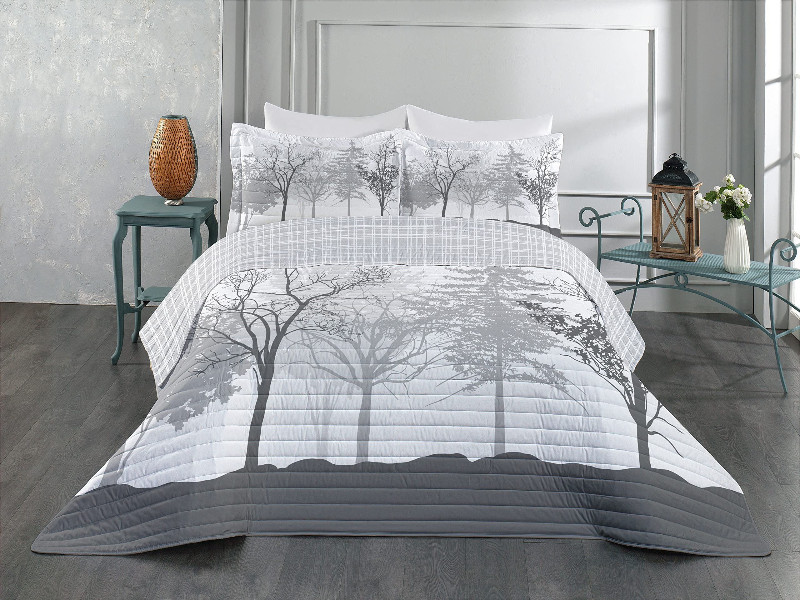 Ambesonne Reversible Queen Size Bedspread Set - Silhouette of Trees Forest Theme, Microfiber Comforter & Pillow Shams in Pale Grey White | Woodland Decor for Bedroom, Cozy Cabin Retreat, Nature-Inspired Home Decor
