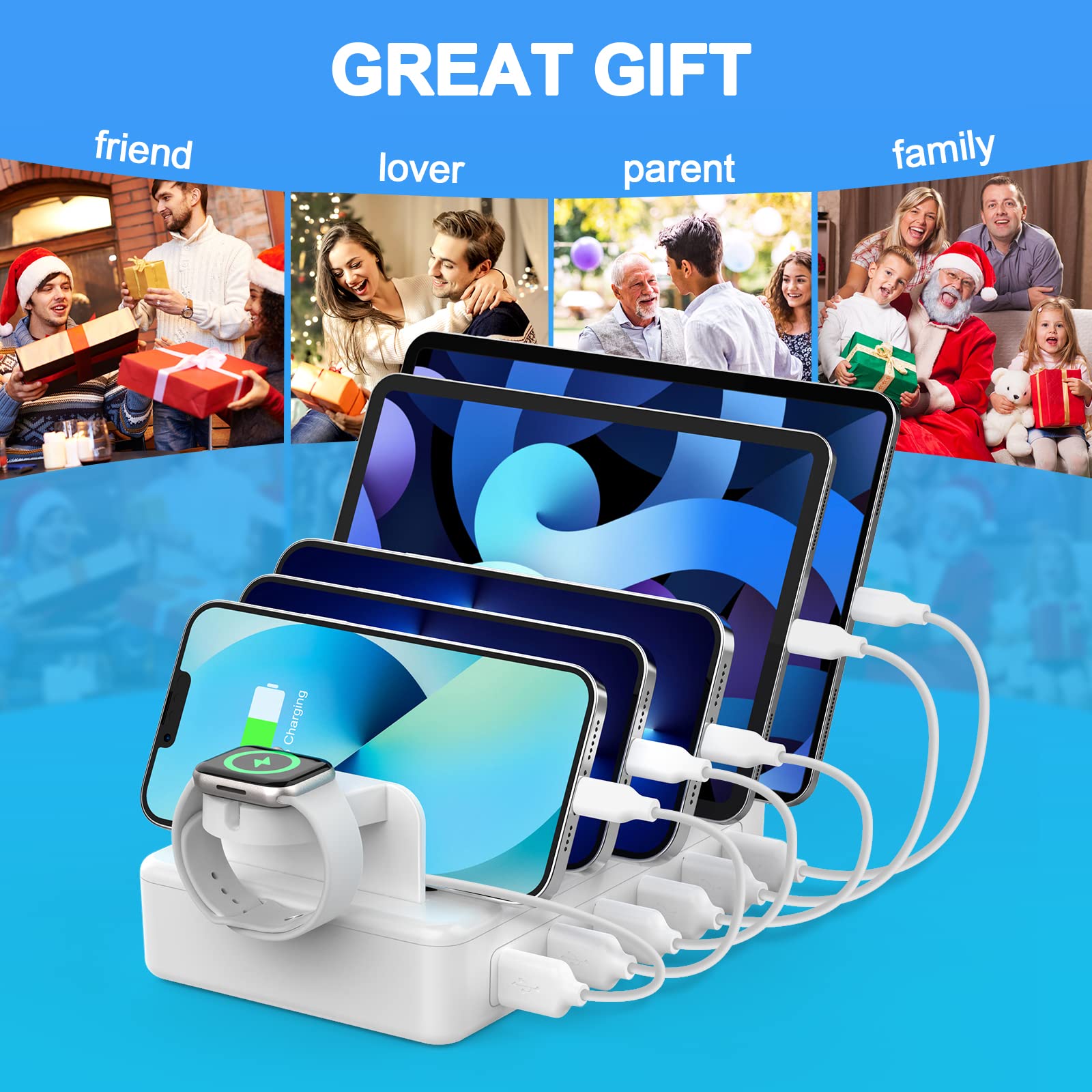 50W 6-Port USB Charging Station with 6 Cables - Fast Multi-Device Charger for iPhone, Android, iPad, Tablet, Kindle & Apple Watch | Perfect for Home, Office & Travel Organization