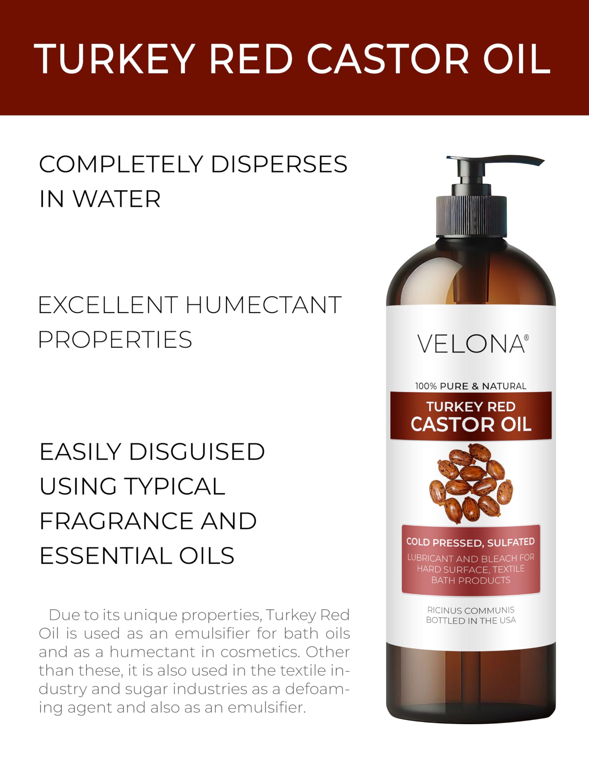 Velona Castor Oil Turkey Red 32 fl oz | 100% Pure Natural Cold Pressed Carrier Oil for Hair Growth, Skin & Body Care | Promotes Thicker Eyelashes & Eyebrows | Perfect for DIY Beauty Recipes & Massage Therapy
