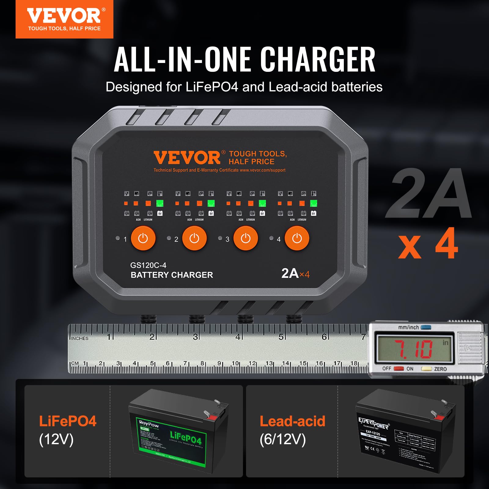 VEVOR 2A x 4 Smart Battery Charger for LiFePO4 & Lead-Acid (AGM/Gel/SLA) Batteries - Fully Automatic Charger & Maintainer for Car, Boat, Motorcycle, Lawn Mower, Golf Cart & Marine Deep Cycle Batteries | Perfect for RV, ATV, Snowmobile & Seasonal Vehicle Storage