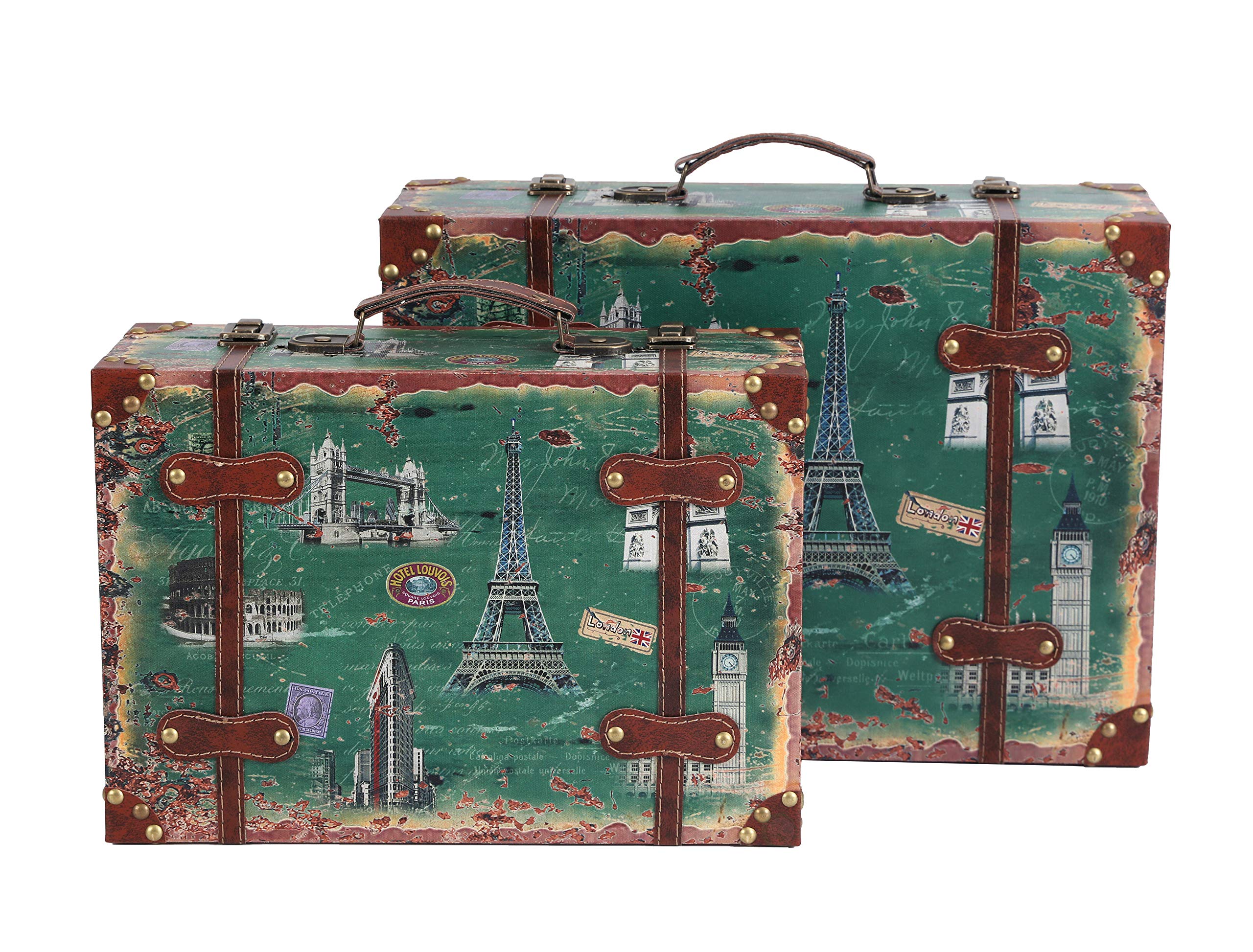 Set of 2 Vintage Wooden Luggage with Leather Straps - European Landmarks Design - Perfect for Travel, Home Decor & Gift Giving