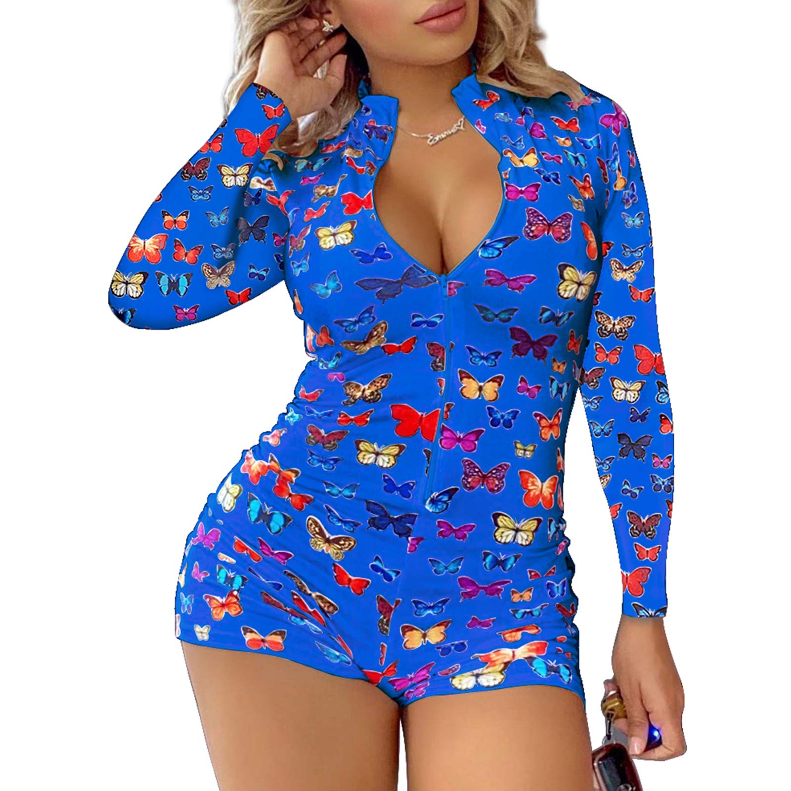 Women's V-Neck Bodysuit Jumpsuit - Floral Print Short Romper, Stretchy Long Sleeve Pajama Onesie for Lounge Wear & Sleepwear - Perfect for Home Relaxing, Sleepovers and Cozy Nights