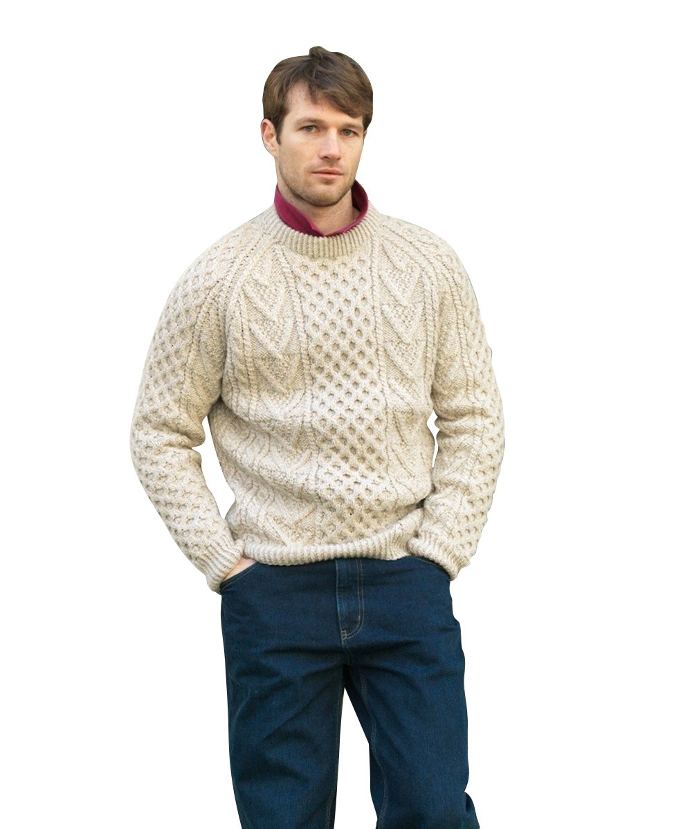 Hand Knit Irish Men's Merino Wool Aran Sweater - Warm Winter Pullover for Outdoor Activities & Casual Wear