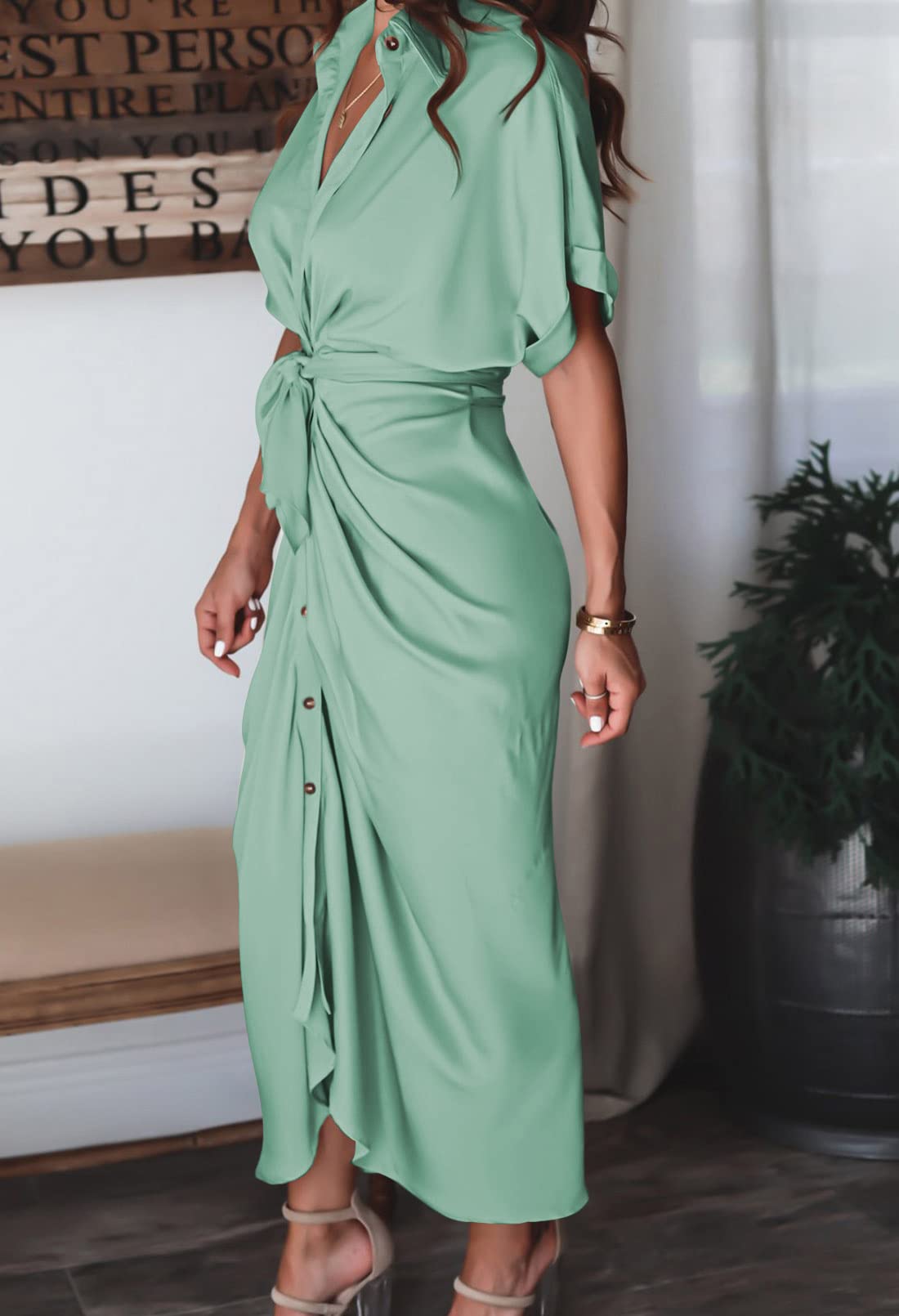 Elegant Women's Satin Button Down Short Sleeve Maxi Shirt Dress with Belt - Perfect for Summer Outfits, Beach Cover Ups & Casual Office Wear