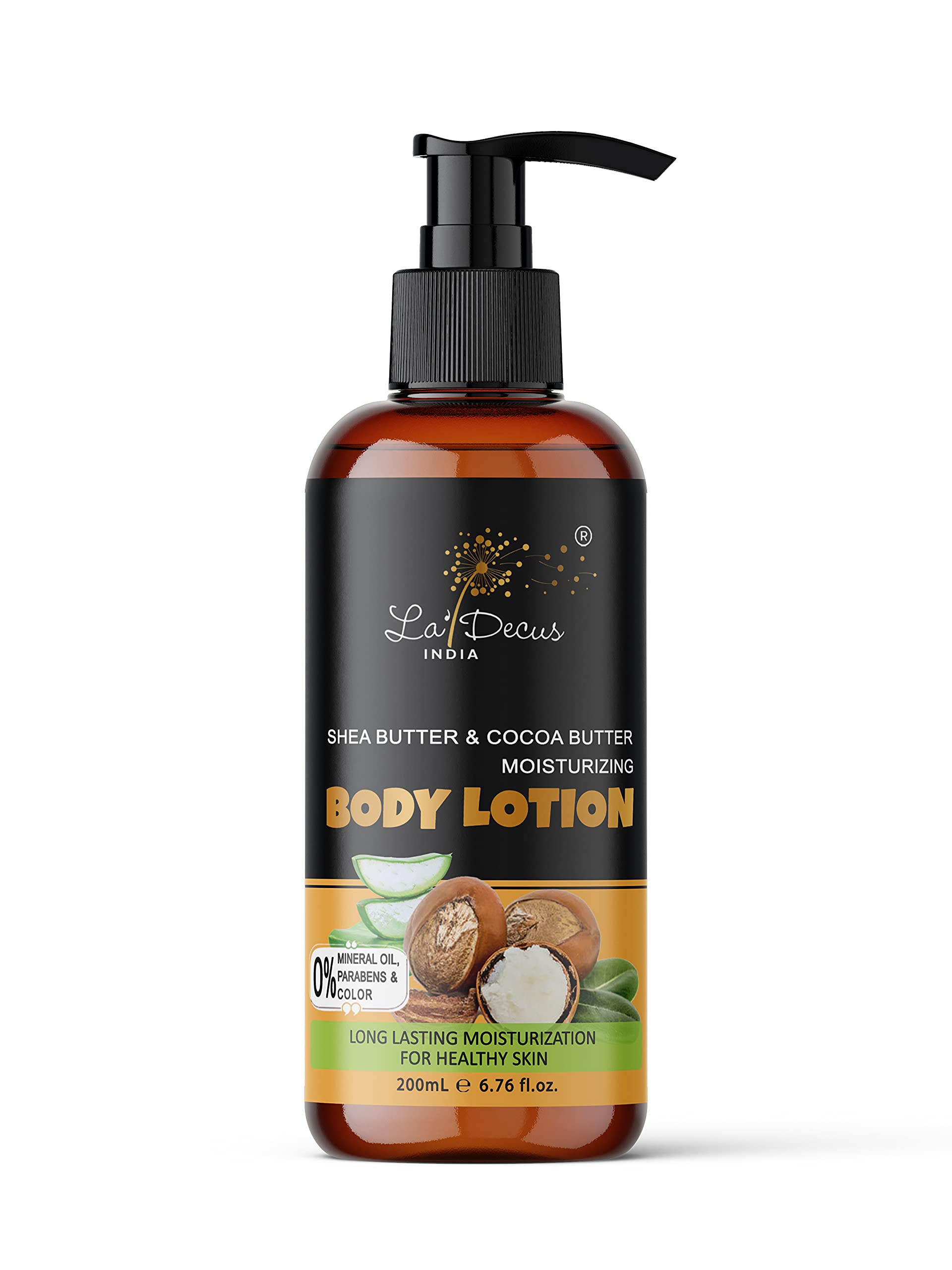 La' Decus INDIA Moisturizing Body Lotion with Shea Butter & Cocoa Butter - Deep Hydration for Dry Skin | Paraben-Free, Silicone-Free, Mineral Oil-Free | 200ml | Perfect for Daily Skincare & After-Shower Moisturizing