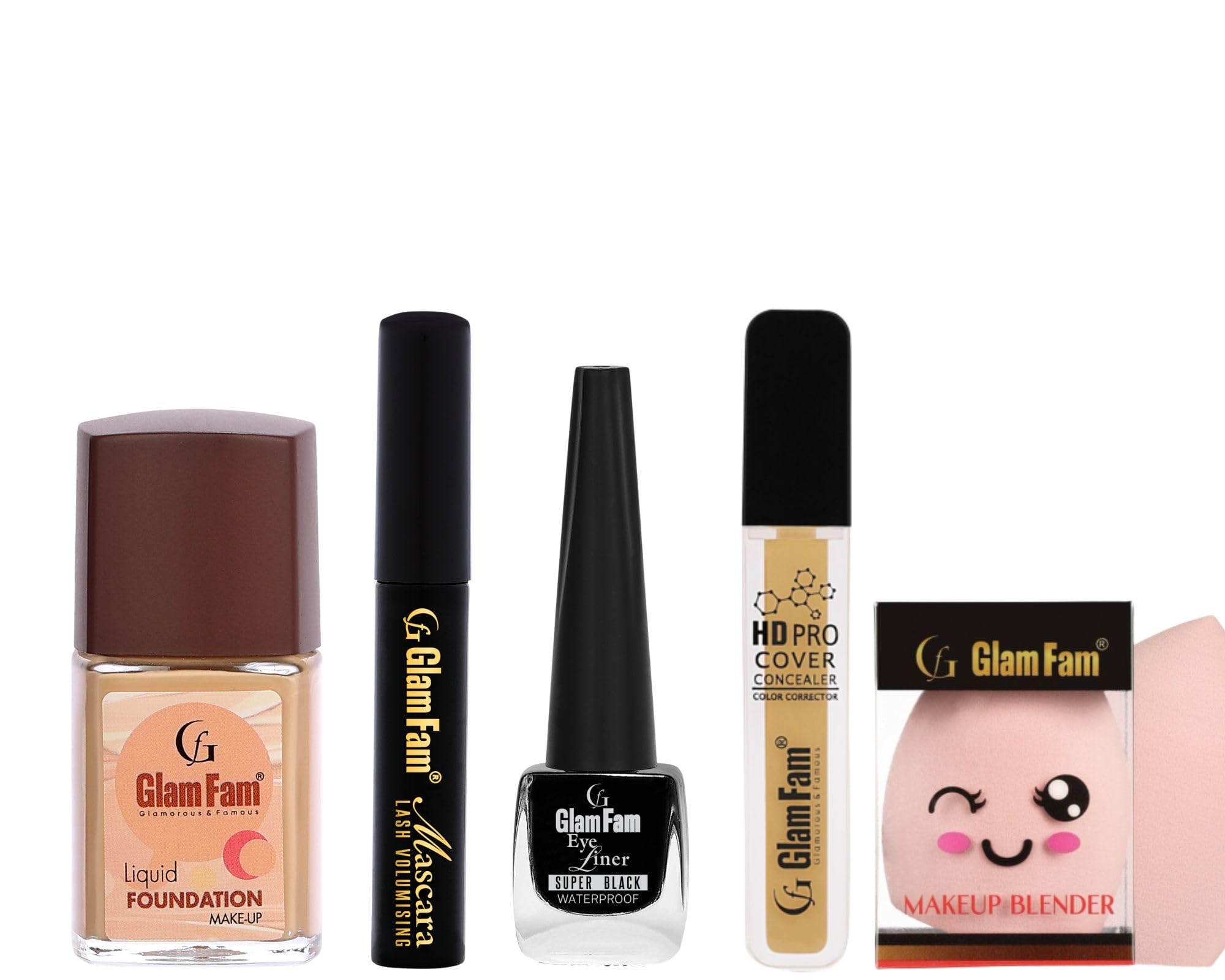 GLAMFAM Lightweight Full Coverage Liquid Foundation - 30ML Matte Finish Makeup with Makeup Blender | Waterproof Black Eyeliner & Mascara Set | Perfect for Daily Wear, Night Out & Professional Makeup Looks