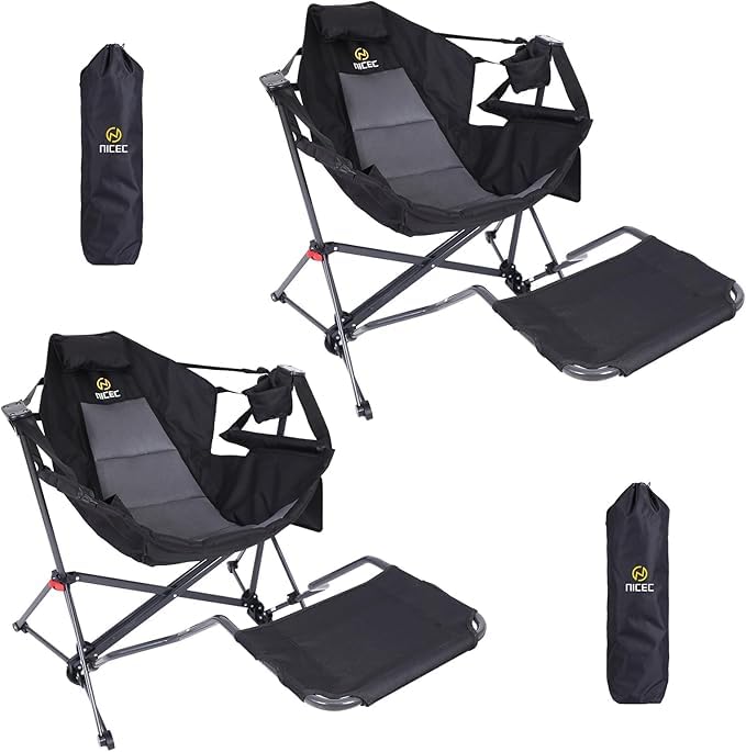 Premium Hammock Camping Chair with Stand - Heavy Duty Rocking Swivel Chair with High Back Support, Cup Holder & Side Pockets - Portable Outdoor Lounge Chair for Backyard, Beach, Camping & Patio Relaxation (Black with Footrest)