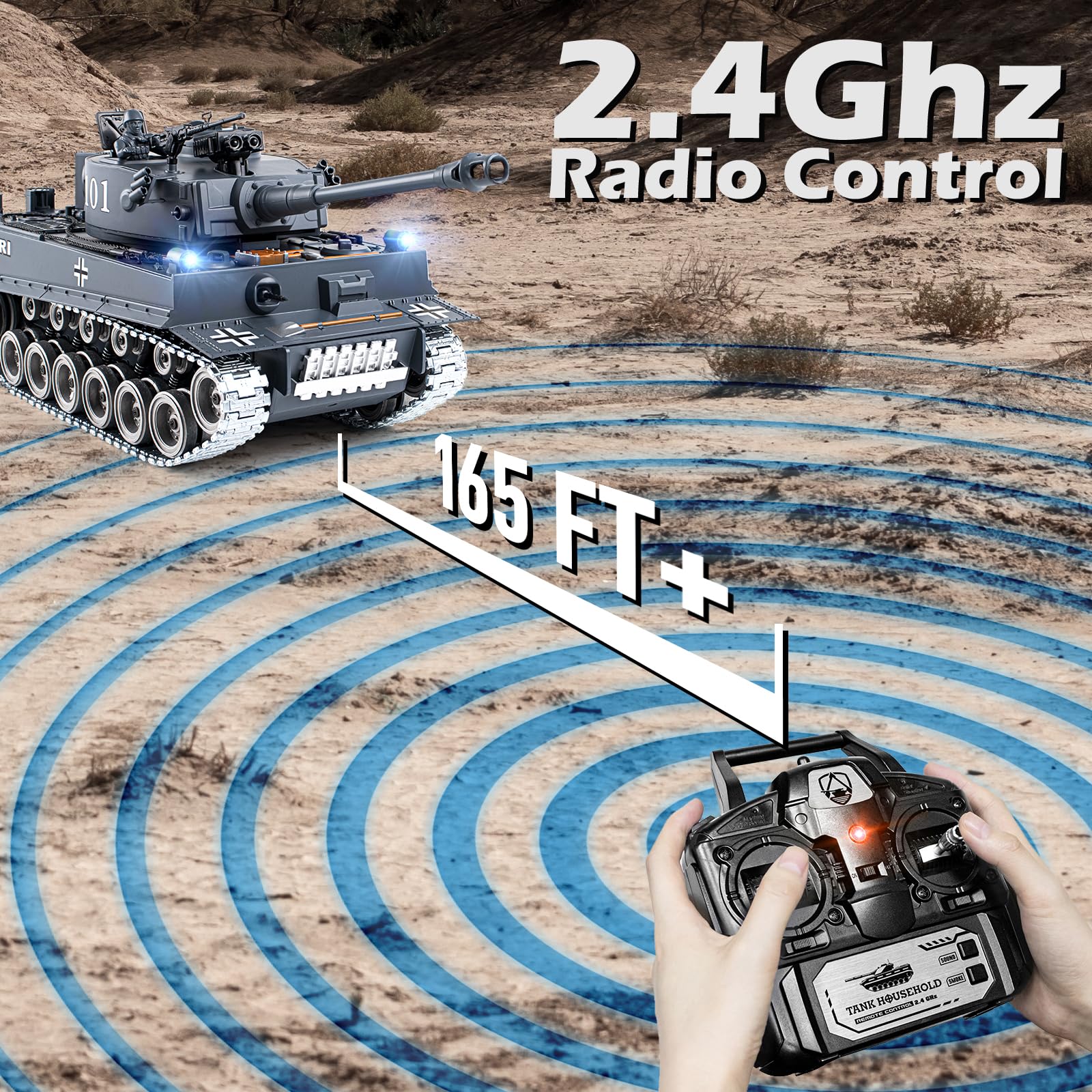 1:18 Scale German Tiger I Alloy Metal RC Tank - 2.4GHz Remote Control Military Model with Realistic Smoke, Sound & Lights | Shoots BBs & Water Bombs | Fun Battle Toy for Adults & Kids | Perfect for Outdoor Play, Backyard Battles & Collectors Display