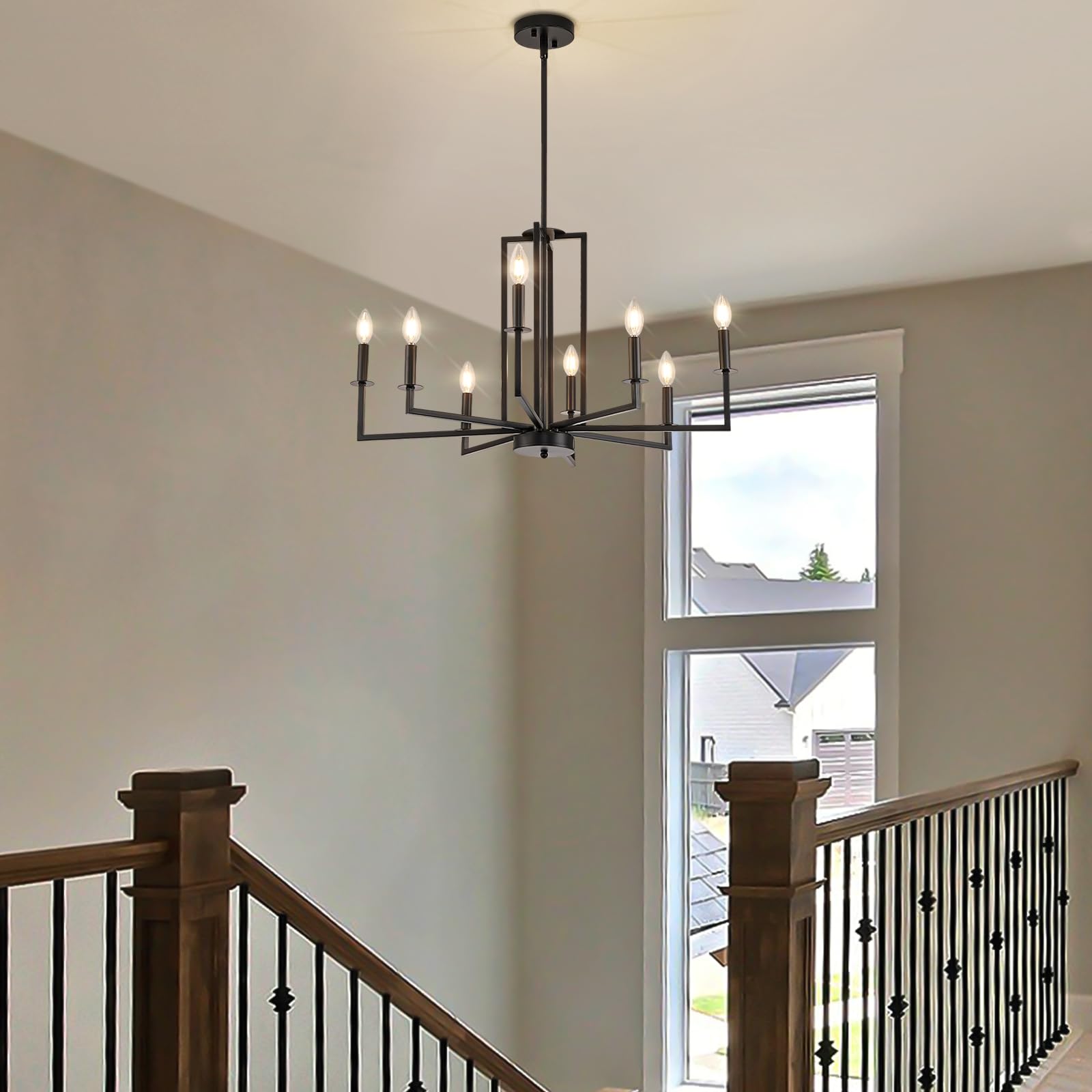 Modern Farmhouse Chandelier Black - 8-Light Dining Room Chandelier with Metal Frame for Farmhouse, Living Room, Bedroom, Staircase, Foyer & Entryway - Perfect for Rustic Home Decor, Wedding Venues and Cozy Dining Spaces