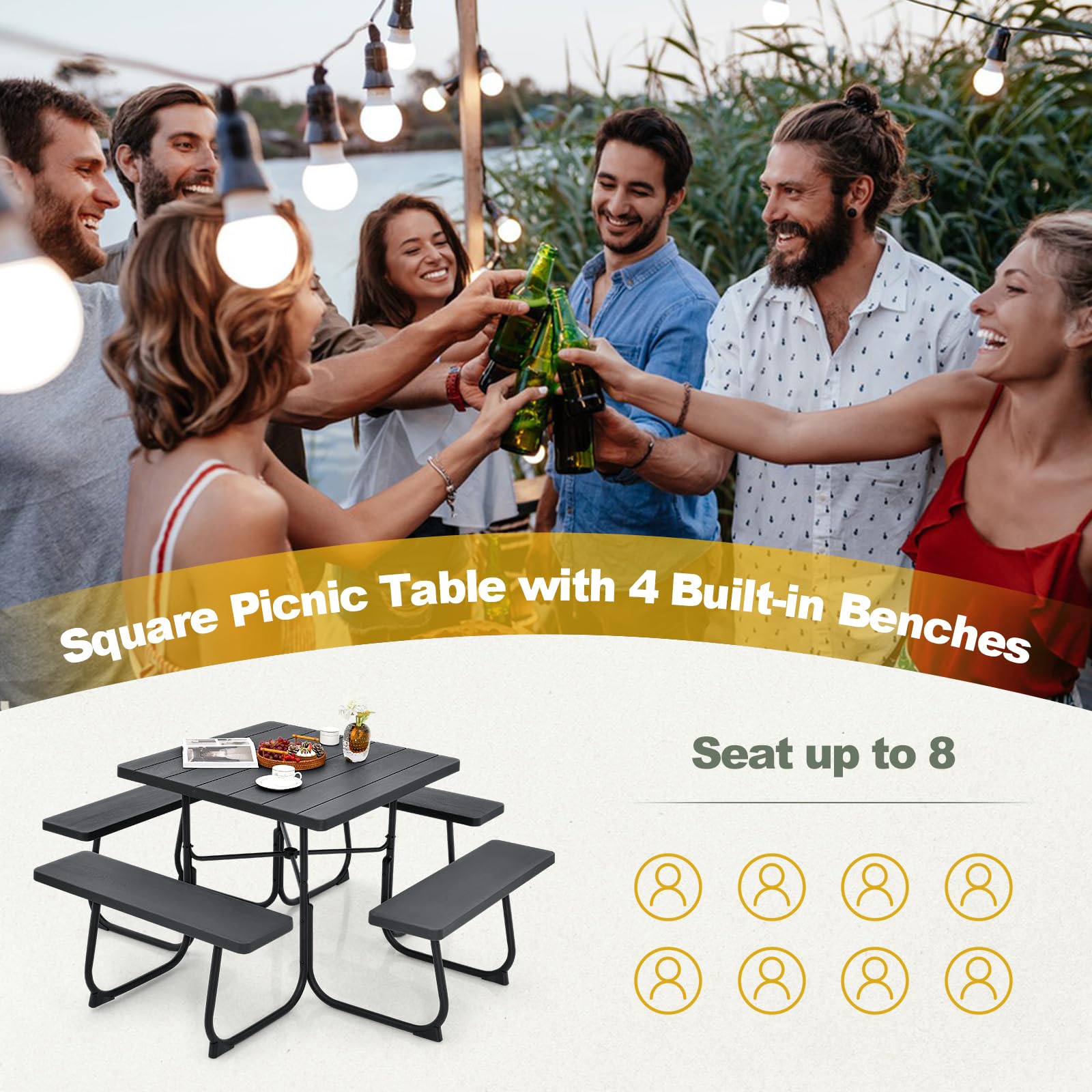 Tangkula 8-Person Outdoor Square Picnic Table with 4 Built-in Benches - Heavy Duty Metal Frame & HDPE Tabletop - Umbrella Hole - Perfect for Garden, Backyard, Patio, Park, Camping & BBQ Parties (Black)