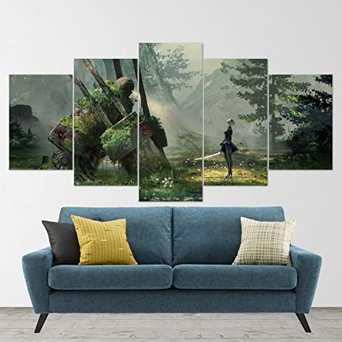 Nier Automata 2B Handmade 5-Piece Canvas Wall Art Set - Anime Video Game Poster for Living Room Decor - Large Multi Panel Canvas Painting - Perfect Gift for Gamers & Anime Fans (Medium Size)