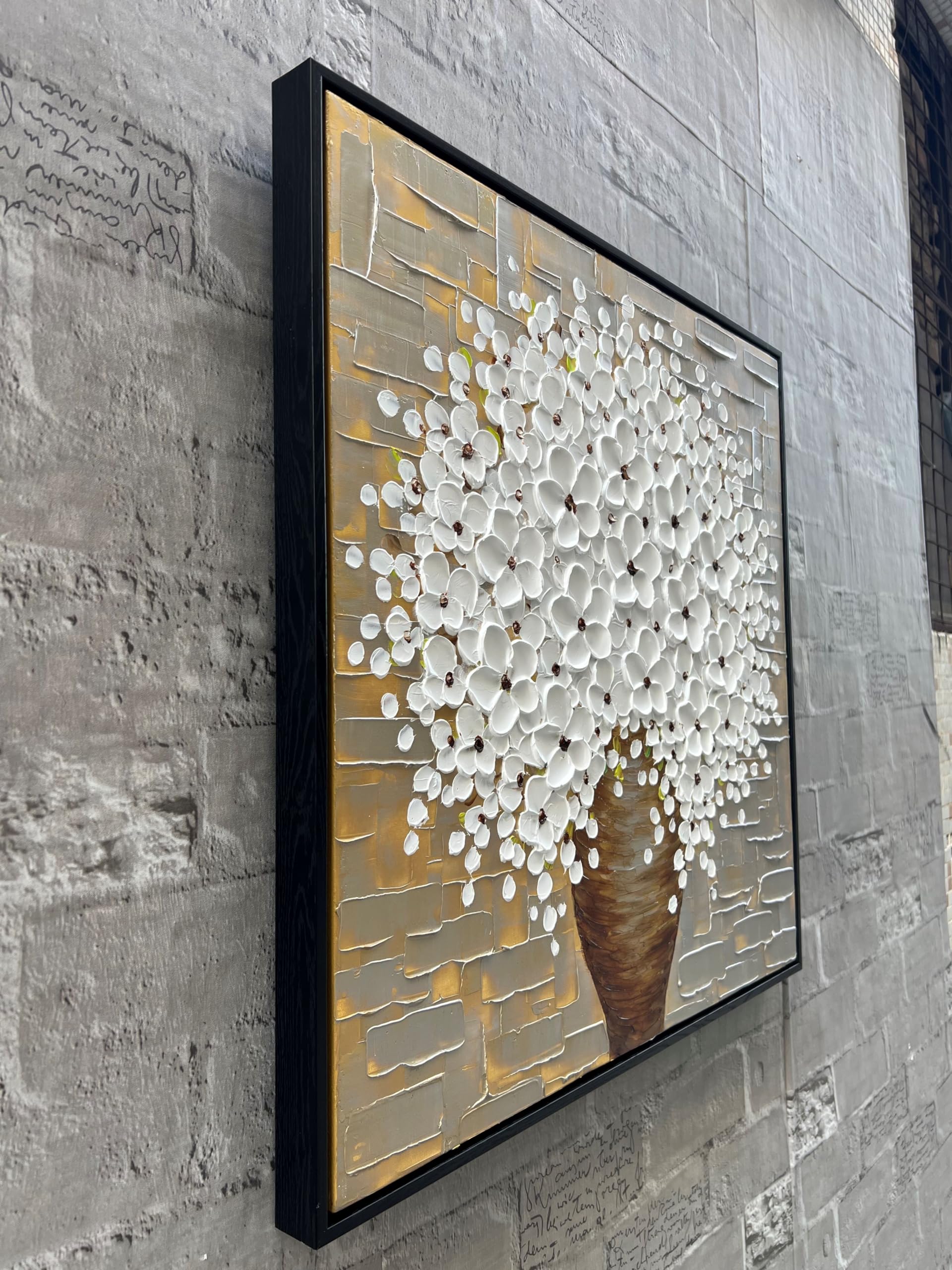 Hand-Painted 3D White Flower Oil Painting on Black Framed Canvas - 24x24 Inch Art Deco Wall Decor for Living Room, Bedroom & Office | Thick Texture Background Floral Mural