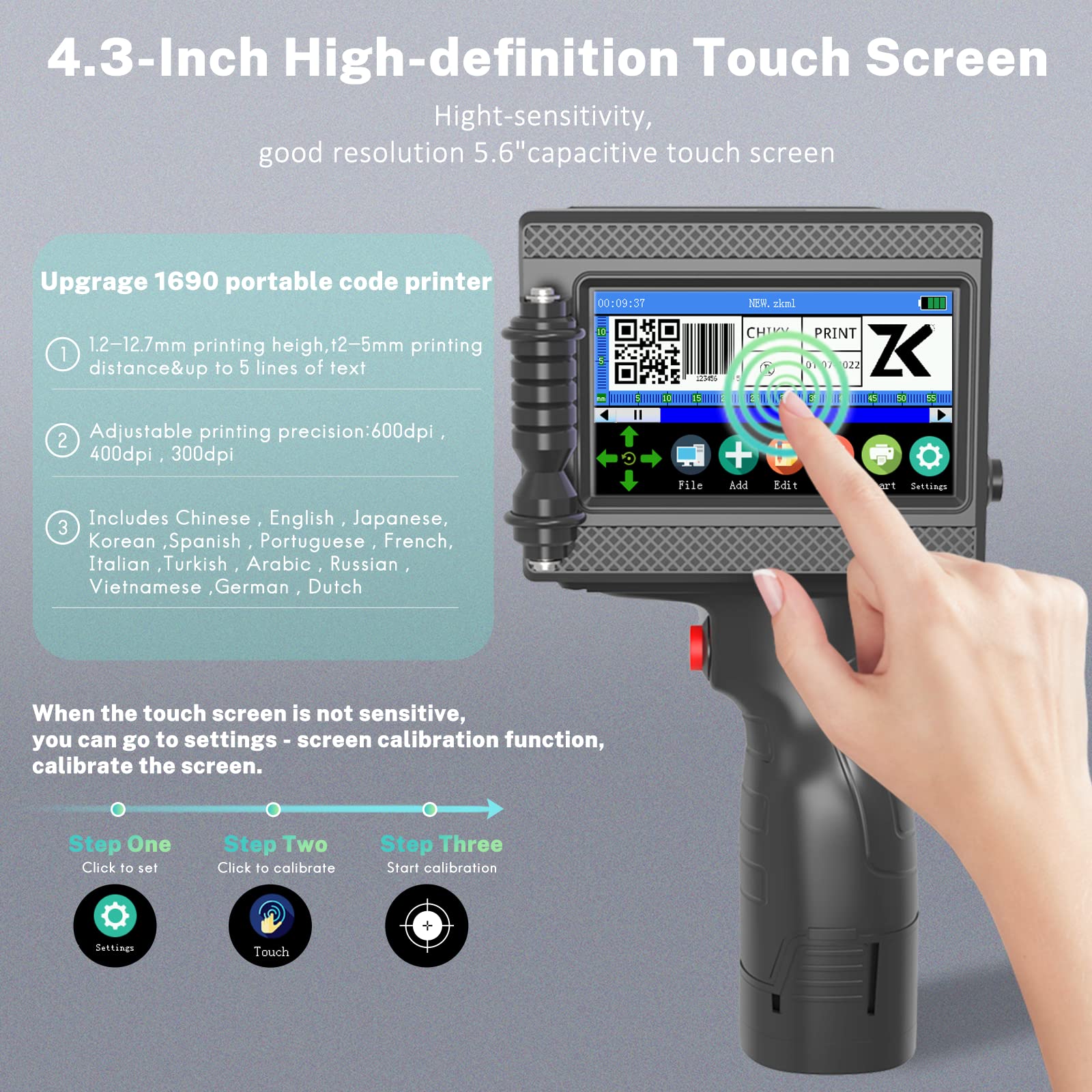 CHIKYTECH ZK-1690 Portable Handheld Inkjet Printer with 4.3