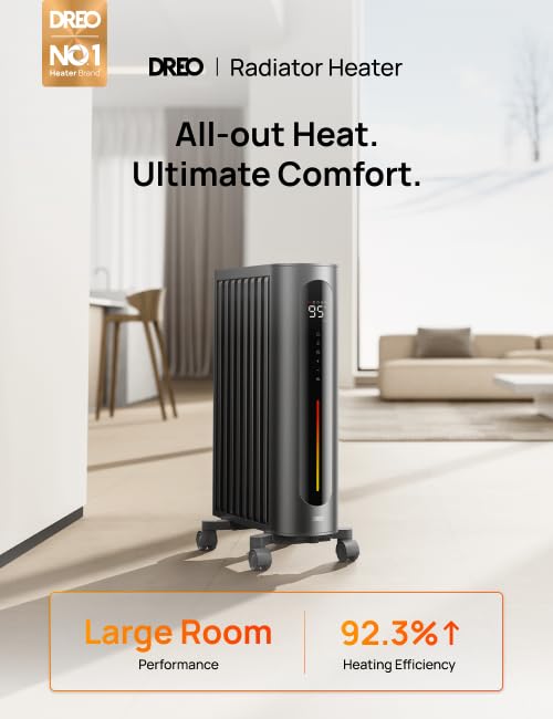 Dreo 1500W Oil Filled Radiator Heater with Remote Control - Digital Thermostat, 4 Heating Modes, 24H Timer & 10 Safety Features - Energy Efficient Space Heater for Large Rooms, Bedroom, Office & Home Use | Indoor Electric Heater with Child Lock for Winter Warmth