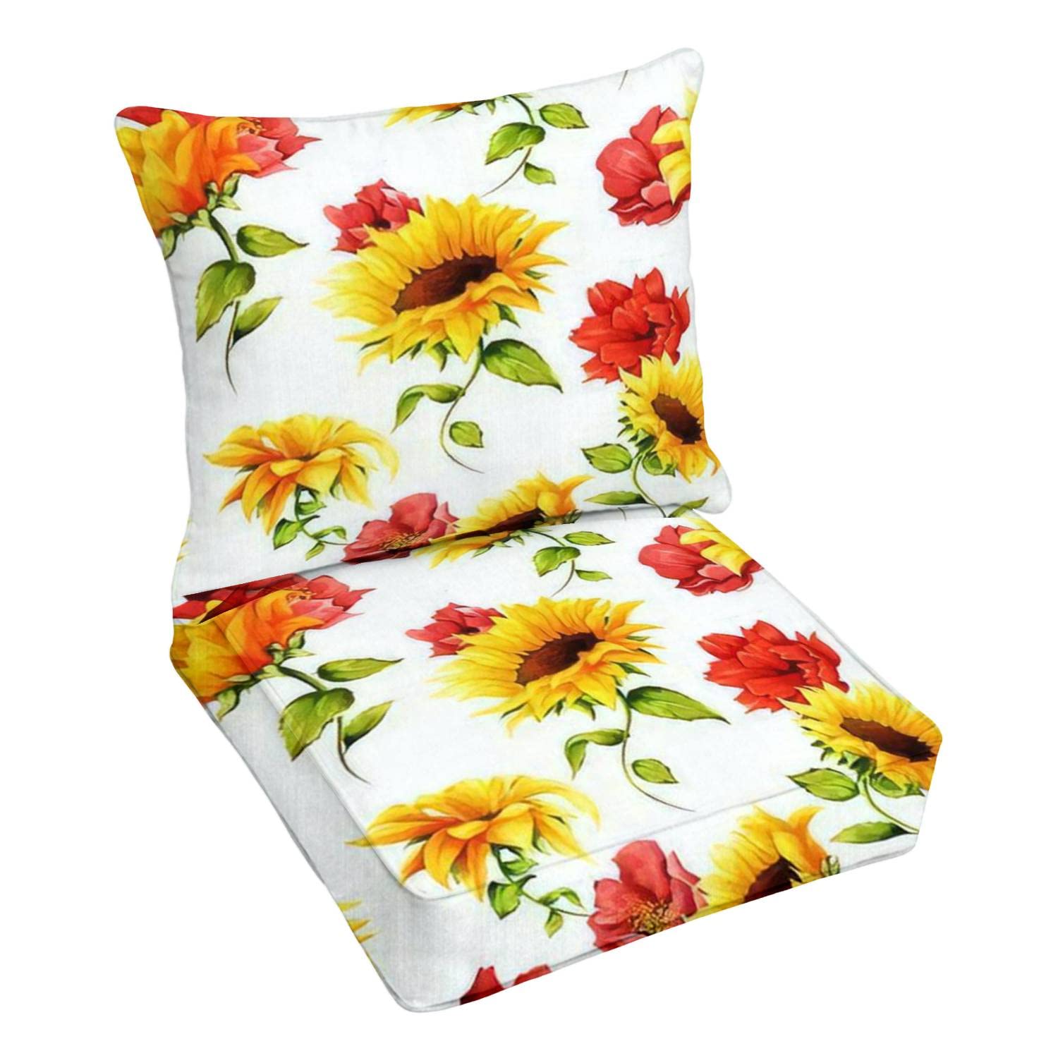 Premium Outdoor Deep Seating Cushion Set - Sunflower & Pomegranate Bud Design on White Fabric - Replacement Cushions for Patio Furniture, Lounge Chairs & Conversation Sets - Perfect for Backyard, Poolside & Garden Relaxation