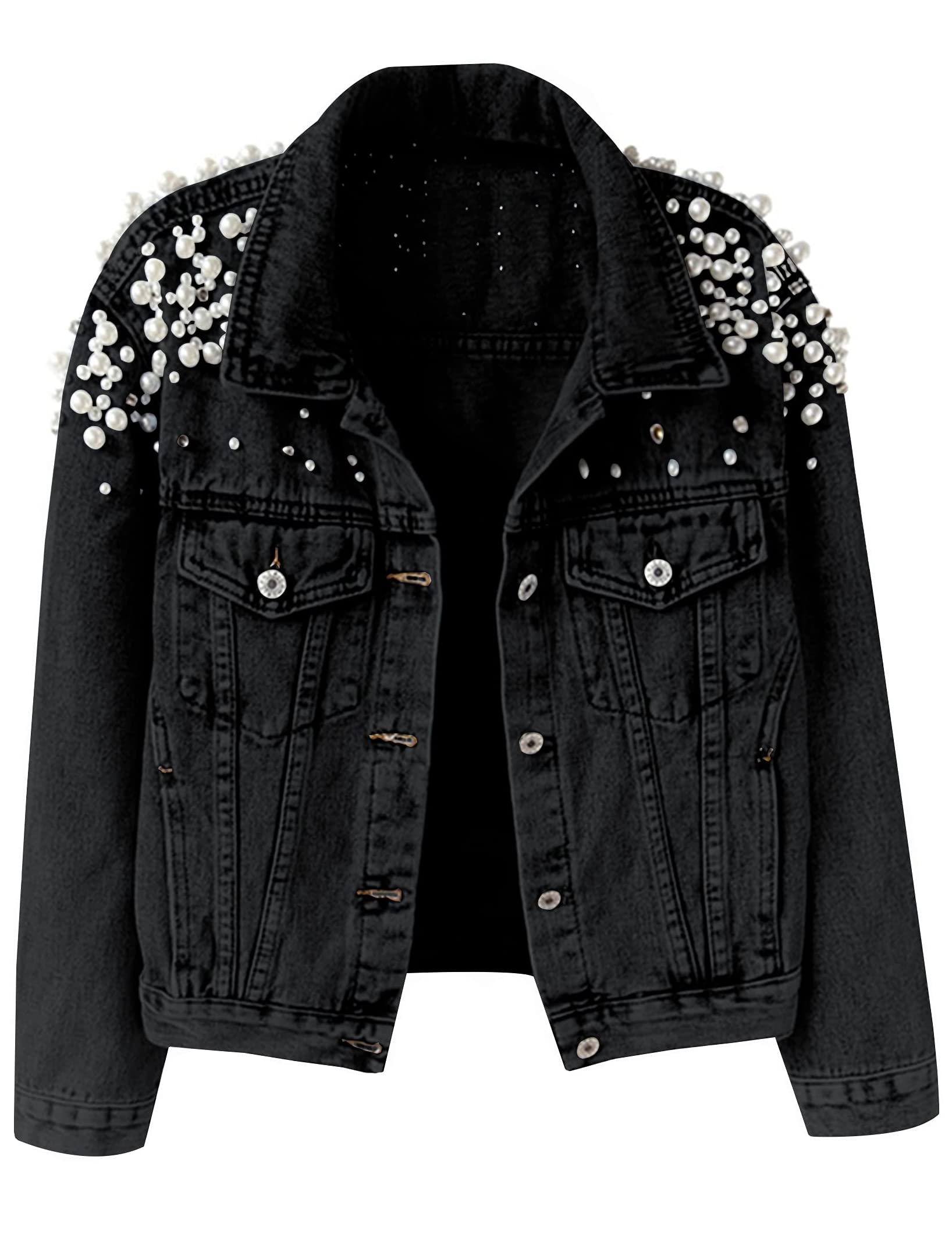Women's Embroidered Pearl Rivet Denim Jacket - Stylish Long Sleeve Jean Jacket for Casual Outfits & Spring Layering
