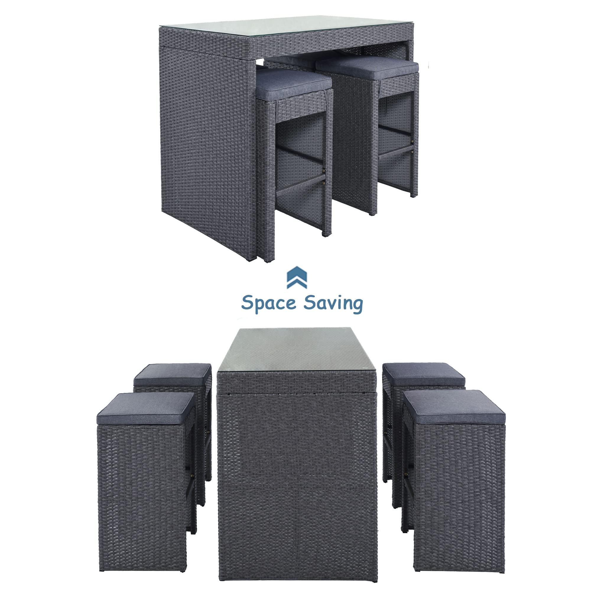 5-Piece Rattan Outdoor Patio Furniture Set with 4 Stools & Gray Cushions - Wicker Bar Dining Table for Backyard, Garden, Poolside or Balcony
