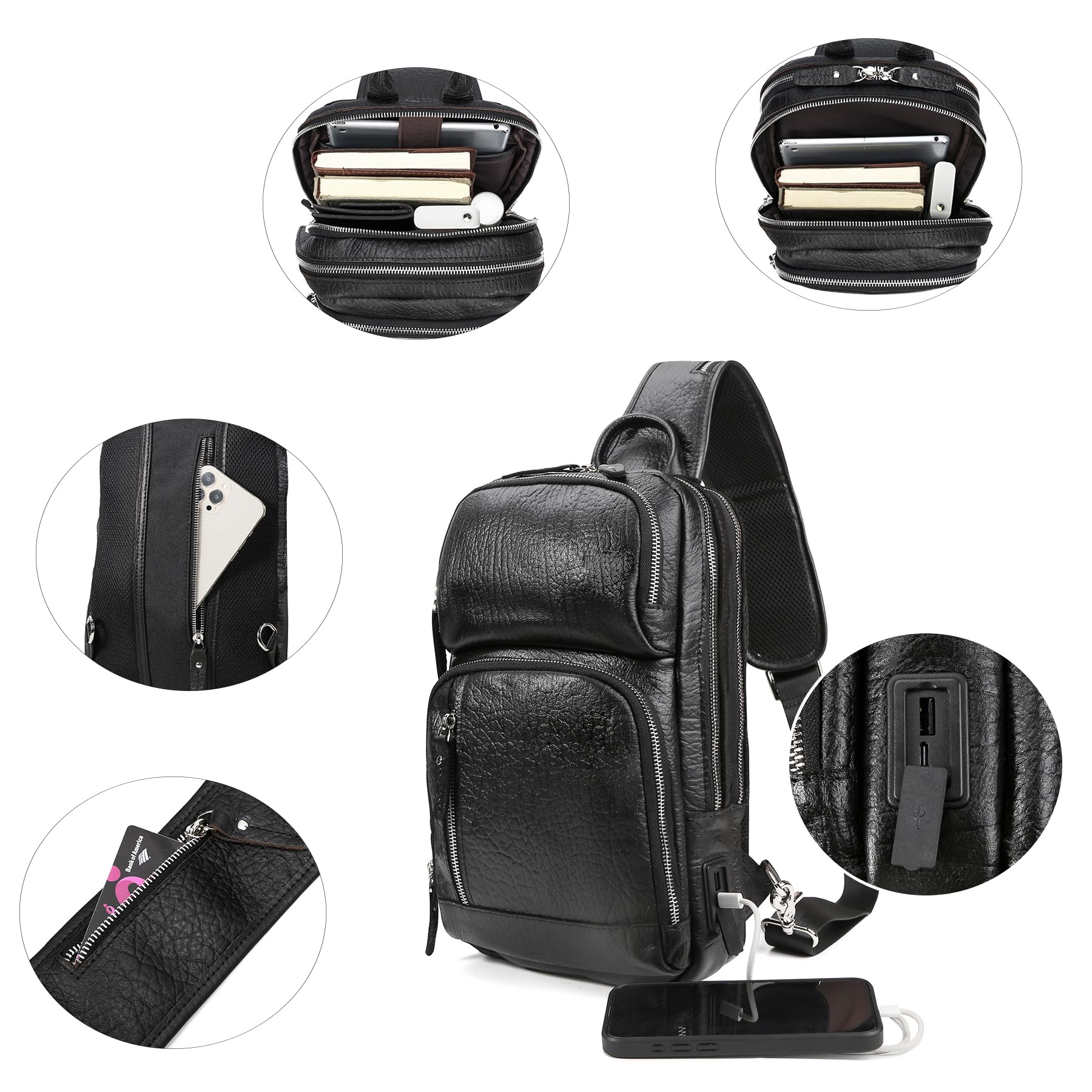 Premium Full Grain Leather Sling Bag for Men - Crossbody Chest Daypack with 10.5