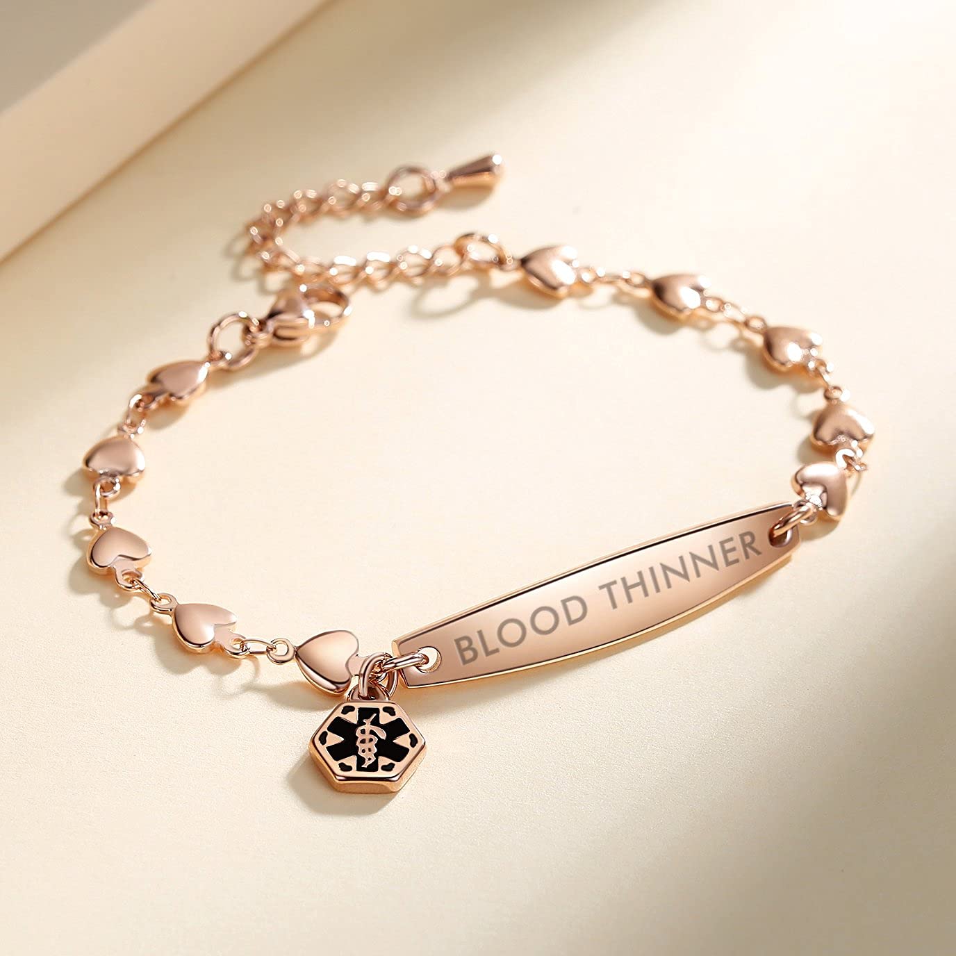Mnmoom Adjustable Medical Alert Bracelets for Women - 6.5-8 Inch Heart Link Design with Engraved ID - Perfect for Emergency Situations & Daily Wear