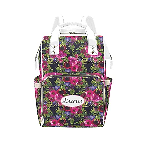 Waterproof Black Diaper Backpack with Red Floral Design - Personalized Name Option - Stylish Nappy Nursing Bag for Moms - Perfect Baby Shower Gift & Travel Tote for Women - Ideal for Daycare, Hospital Visits & Family Outings