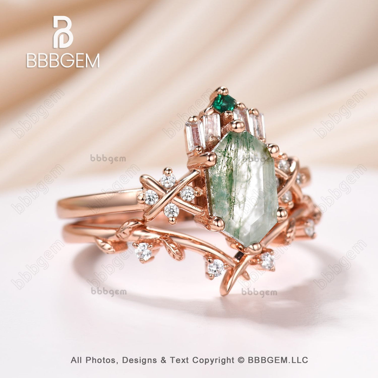 14K Rose Gold Long Hexagon Green Moss Agate Wedding Ring Set - Elegant Elongated Moss Agate Bridal Rings for Engagement, Anniversary & Special Occasions