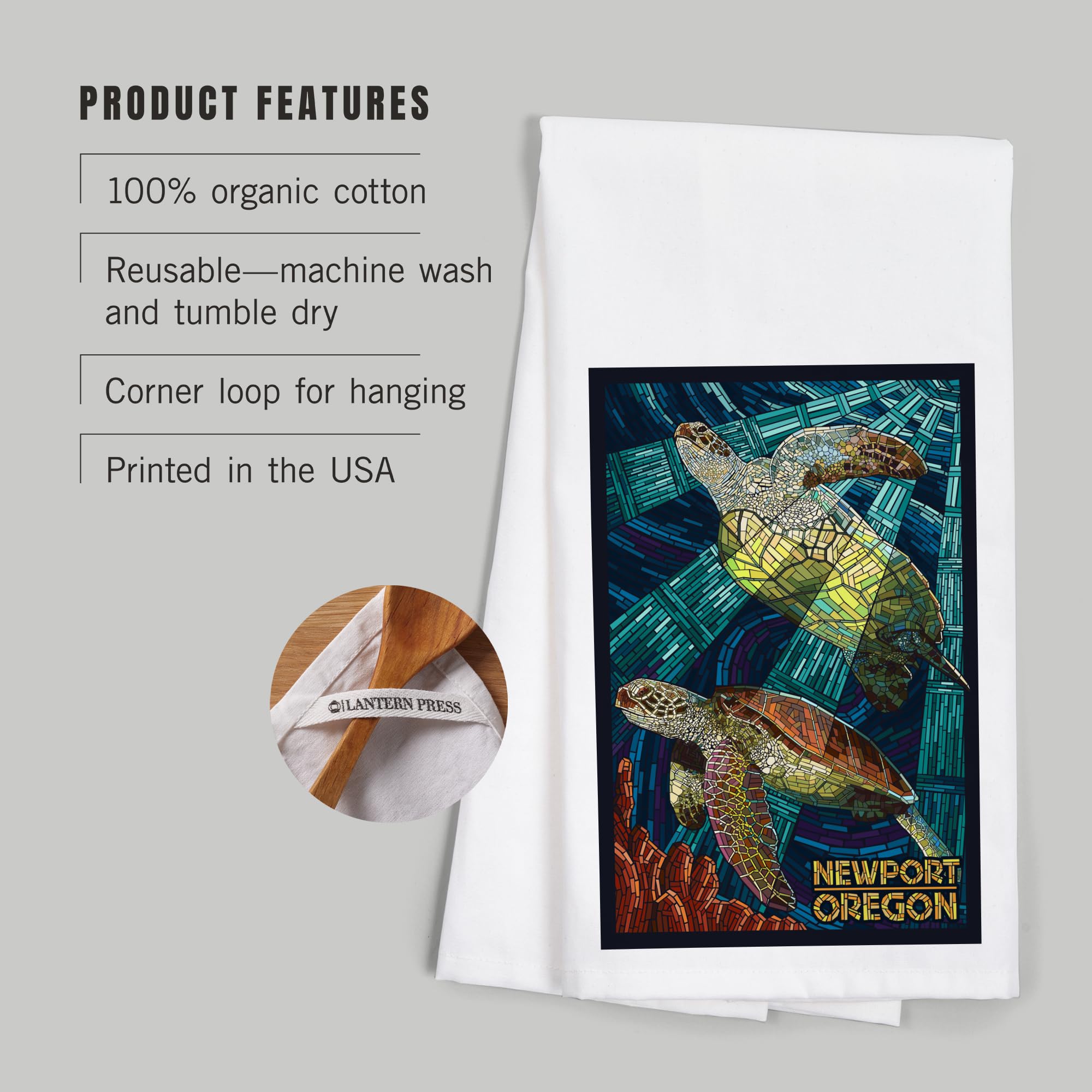 Lantern Press Newport Oregon Sea Turtle Mosaic Tea Towel - 100% Cotton Decorative Hand Towel for Kitchen & Home Decor - Perfect for Gifts, Dish Drying, and Coastal Themed Decor