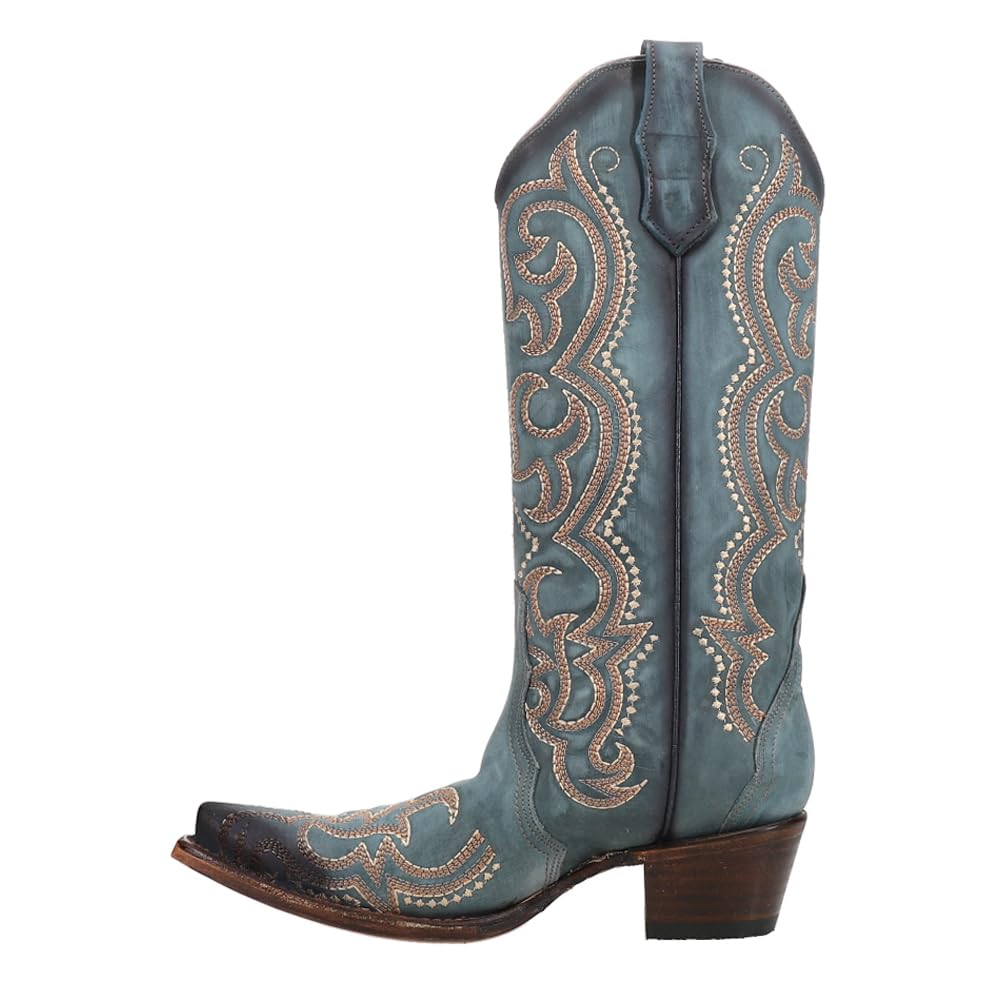 Women's Embroidered Snip Toe Corral Boots - Blue Denim Mid Calf Cowgirl Boots with 2-3
