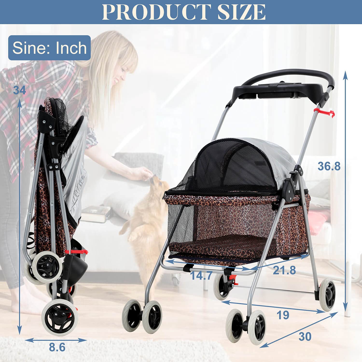 **4-Wheel Folding Dog & Cat Stroller - Durable Waterproof Pet Carrier with Cup Holder, Zippered Mesh Windows & Canopy - Leopard Print Design for Travel, Walks & Outdoor Adventures**