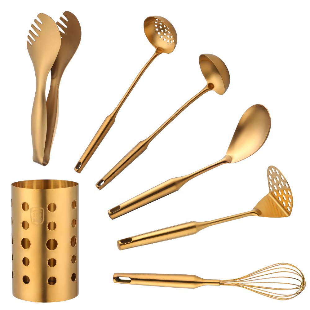 Premium 18/8 Stainless Steel Kitchen Utensil Set - 7-Piece Cooking Tools Including Ladle, Skimmer Spoon, Bread Tongs, Whisk, Potato Masher, Rice Spoon & Holder (Gold) - Ideal for Baking, Cooking, Serving & Kitchen Organization