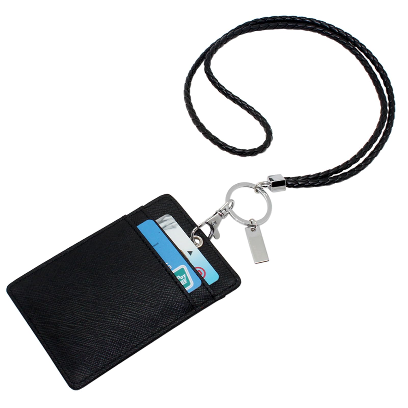 Boshiho Vertical Leather ID Card Badge Holder with Detachable Keychain Lanyard - Black | Professional Security Badge Holder for Work, Office, Events & Conventions