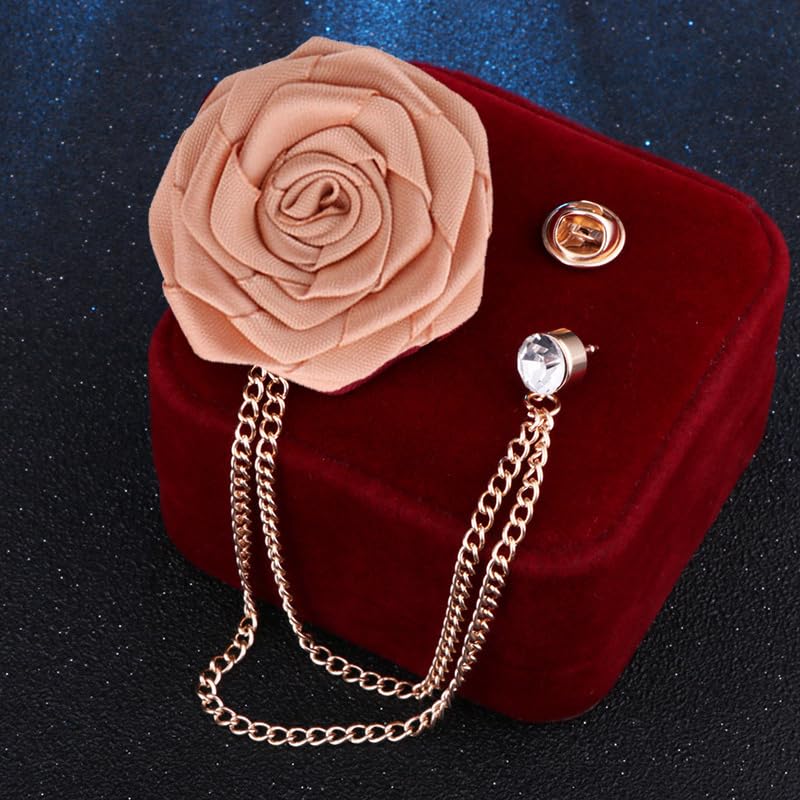 Elegant Rose Flower Pin Brooch for Men - Long Chain Fringe Lapel Pin Fabric Boutonniere - Wedding Suit Accessories for Groomsmen - Perfect for Formal Events, Prom, and Business Attire