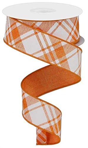 Orange & White Diagonal Stripe Check Wired Edge Ribbon - 10 Yards, 1.5 Inch Width for Gift Wrapping, DIY Crafts, Party Decorations, Hair Bows, and Scrapbooking